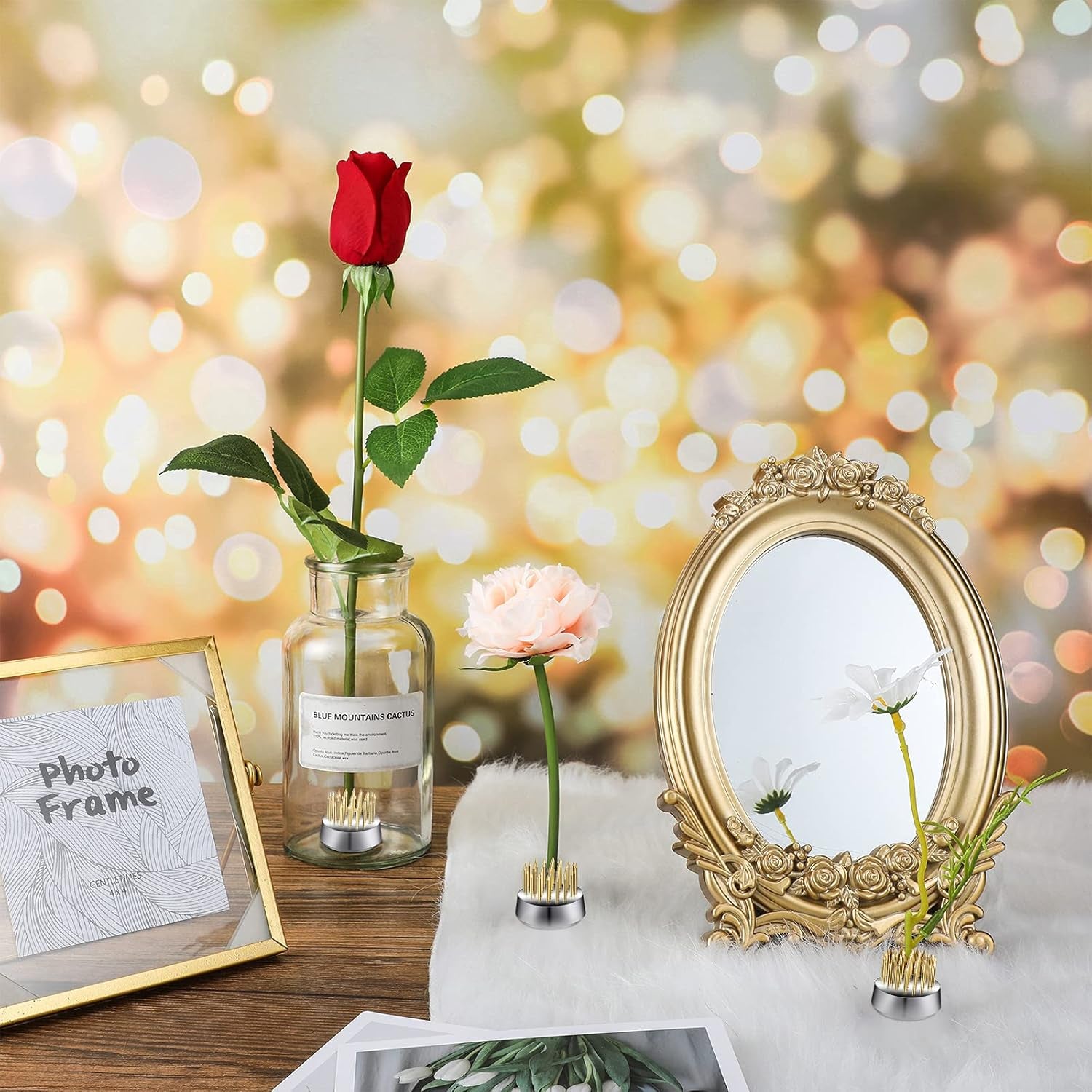 12 Pcs Flower Frog Holder 0.92 Inch Mini Floral round Flower Arranger Fixed Flower Pin Holder Tool Floral Arrangement Pin Holder Japanese Flower Holder Plant Fixation(Gold)