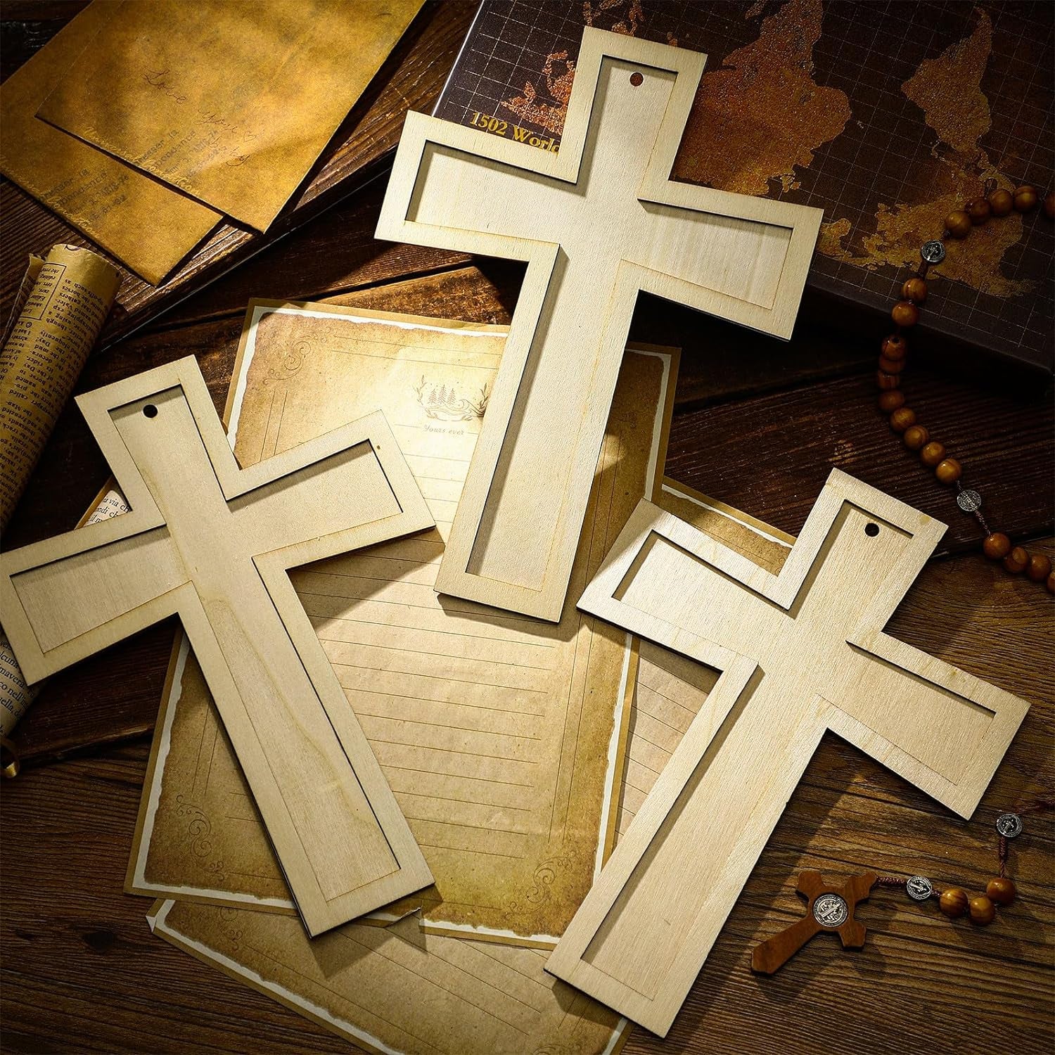 24 Pcs Unfinished Wooden Crosses for Crafts 8.9 X 6.5 Inch Unpainted Large Blank Wooden Layered Cross for Sunday School Crafts DIY Easter Projects Church Home Wall Decoration with String