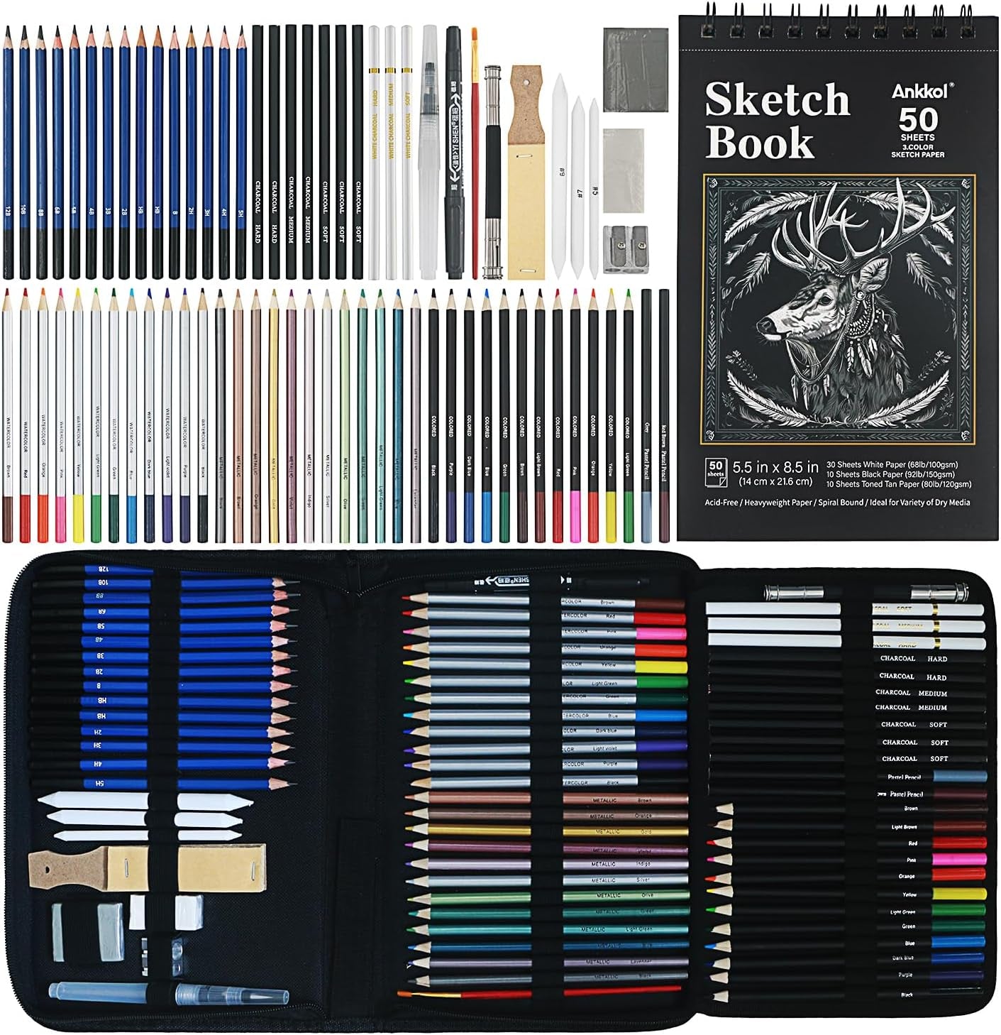 Drawing Set Sketching Kit, 76 Pack Drawing Pencils, Drawing Supplies Include 3 Color Sketch Book, Watercolor, Metallic, Colored, Charcoal Pencils, Professional Art Supplies for Adults, Kid and Teens.