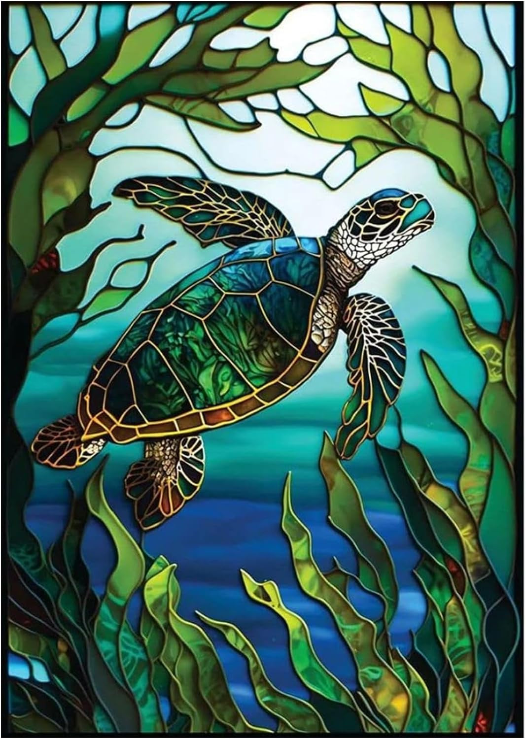 5D DIY Diamond Painting Kits for Adults Kids, Sea Turtle Stained Glass Full Drill Embroidery Cross Stitch Crystal Rhinestone Paintings Pictures Arts Wall Decor Painting Dots Kits 15.7X11.8 In