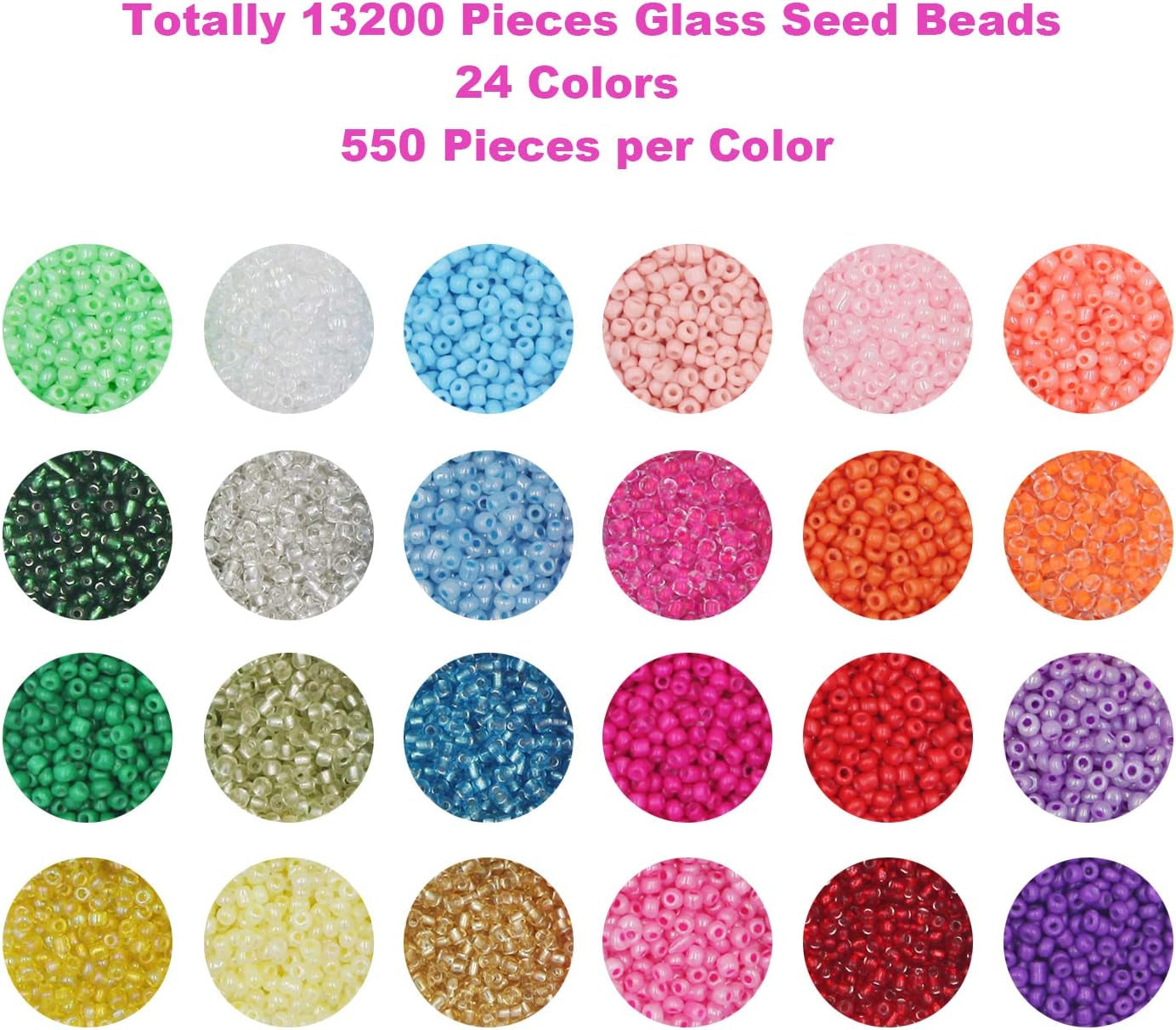 13200Pcs Glass Seed Beads Small Craft Beads Small Beads for DIY Bracelet Necklaces Crafting Jewelry Making Supplies with Two 0.6Mm Clear Bracelet String (3Mm, 550 per Color, 24 Colors)