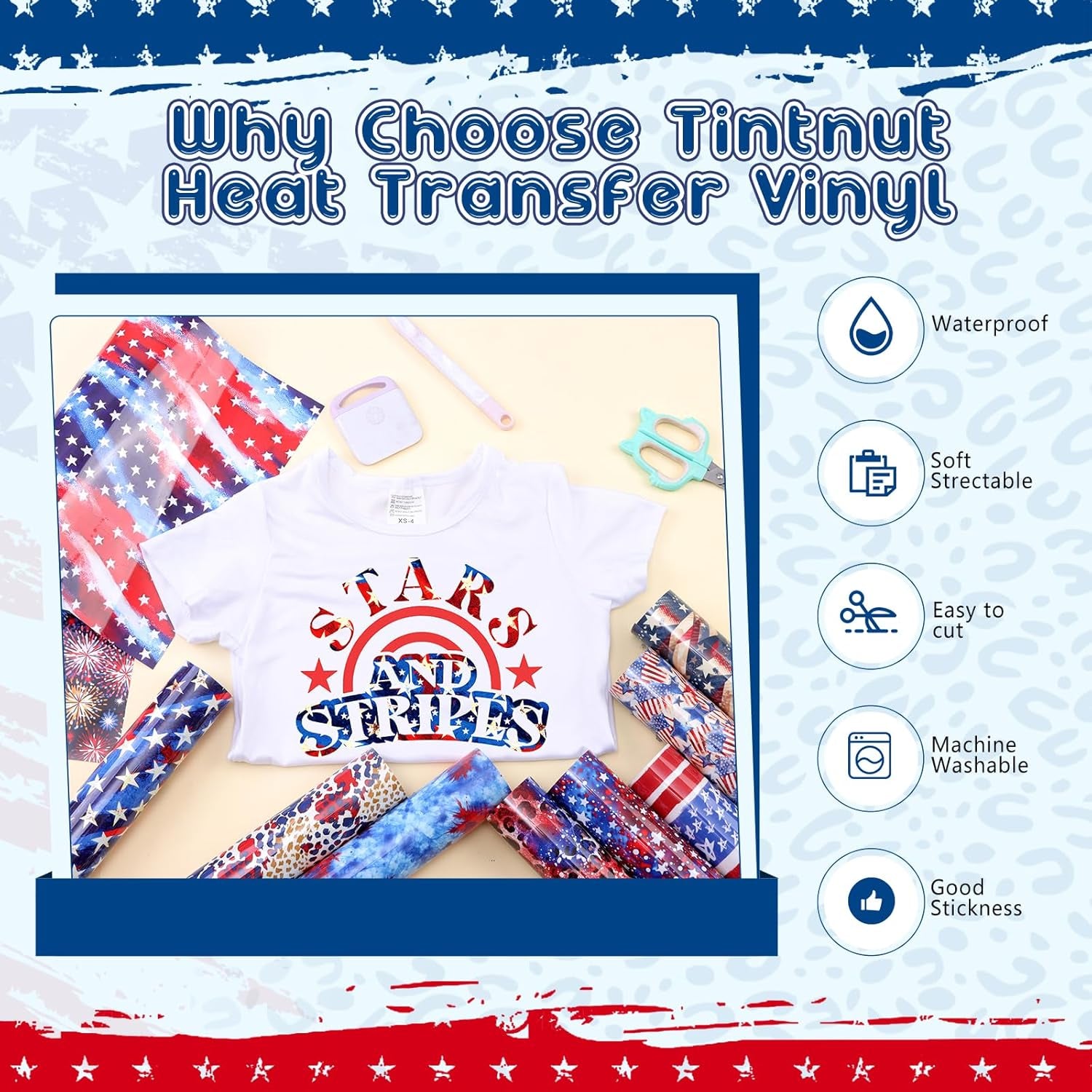 4Th of July American Flag HTV Vinyl - 10 Pcs 12Inches X10 Inches US Flag Patterned HTV Patriotic HTV Heat Transfer Vinyl Red White Blue HTV Iron on Vinyl Compatible with Cricut/Cameo