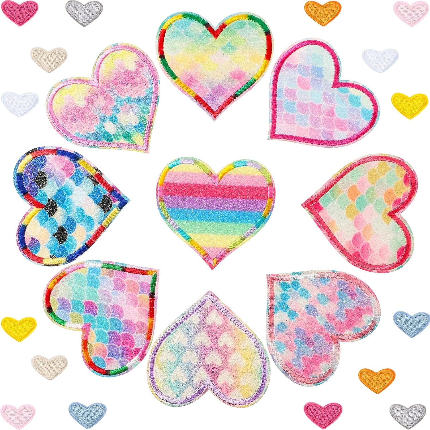 25 Pieces Rainbow Mermaid Heart Iron on Patches Kids Iron on Knee Patches Sew on Embroidered Colorful Heart Appliques Mixed Heart Patches for DIY Jeans Clothes Jackets Backpack Decoration Handicrafts