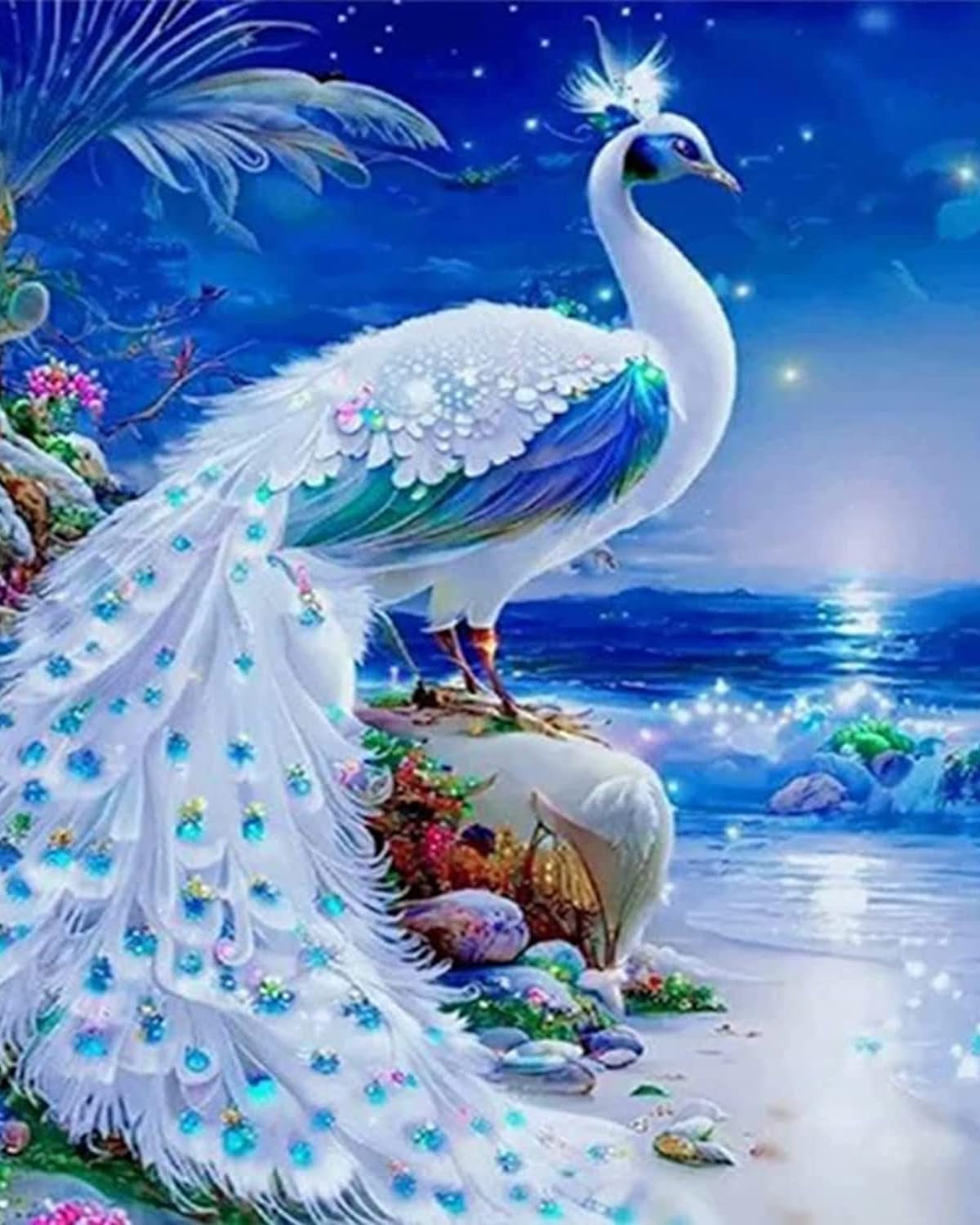 White Peacock Diamond Painting Kits for Adults Kids Beginner 5D DIY round Diamond Number Kits – Crystal Rhinestone Diamond Embroidery Paintings Great for Home, Office, Wall Decor 12×16 Inch