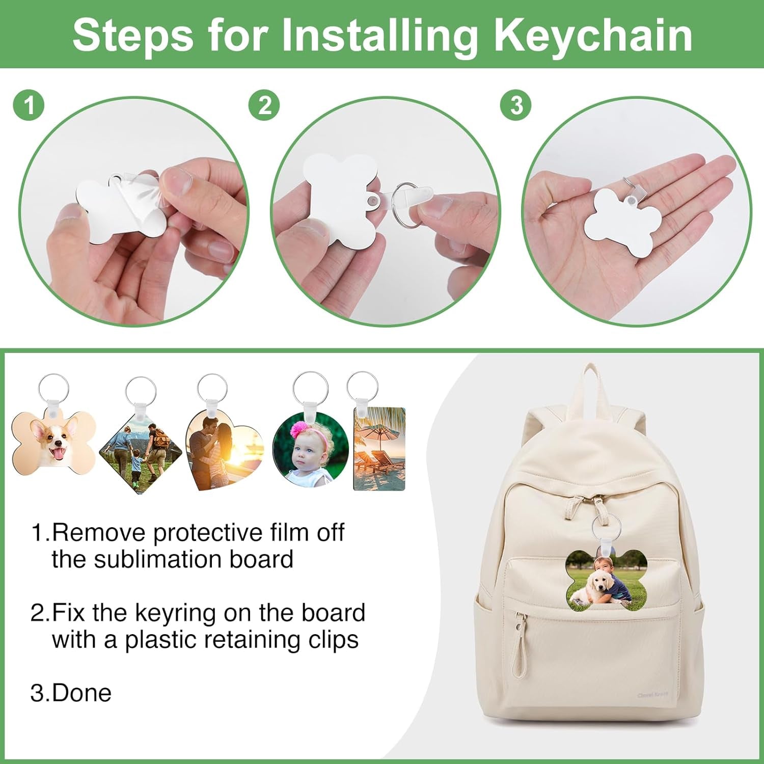 135Pcs Sublimation Keychain Blanks Bulk,Mdf Keychain Double Sided Heat Transfer Keychain Board with Film,Key Rings, Plastic Retaining Clips for DIY and Craft(Round, Rectangle, Bone, Square, Heart)