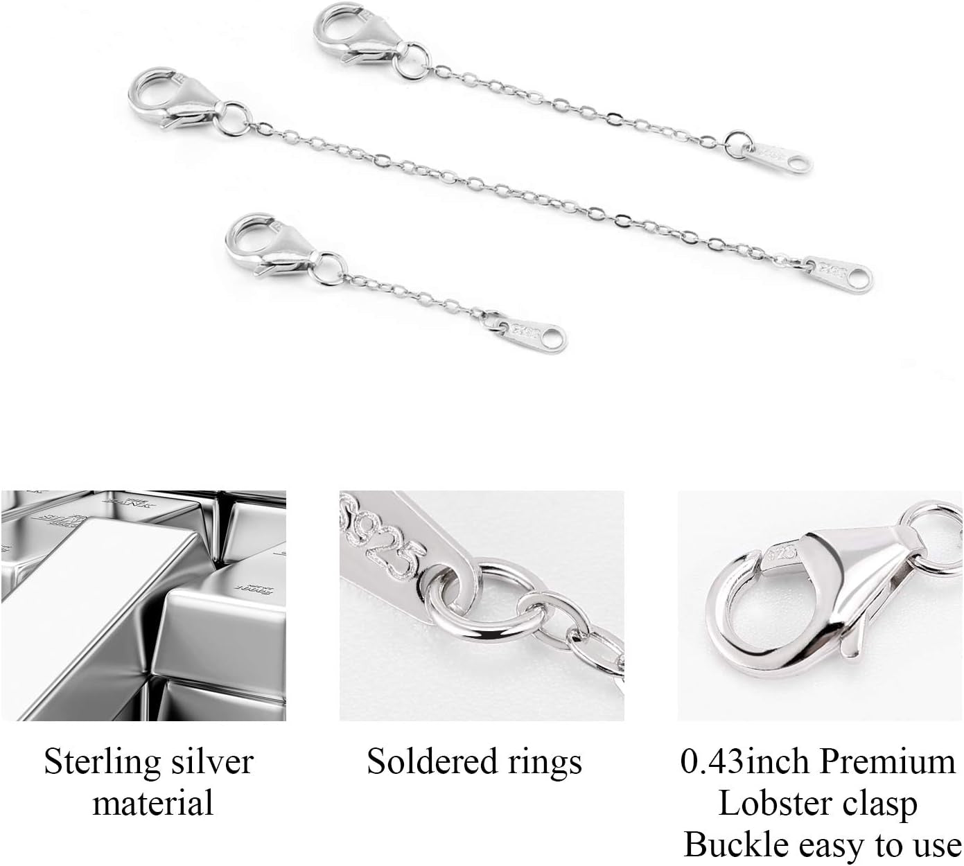 Necklace Extender White Gold Chain Extender 925 Sterling Silver Necklace Bracelet Anklet Extenders Chain Extension for Jewelry Making (1 2 3 Inch)