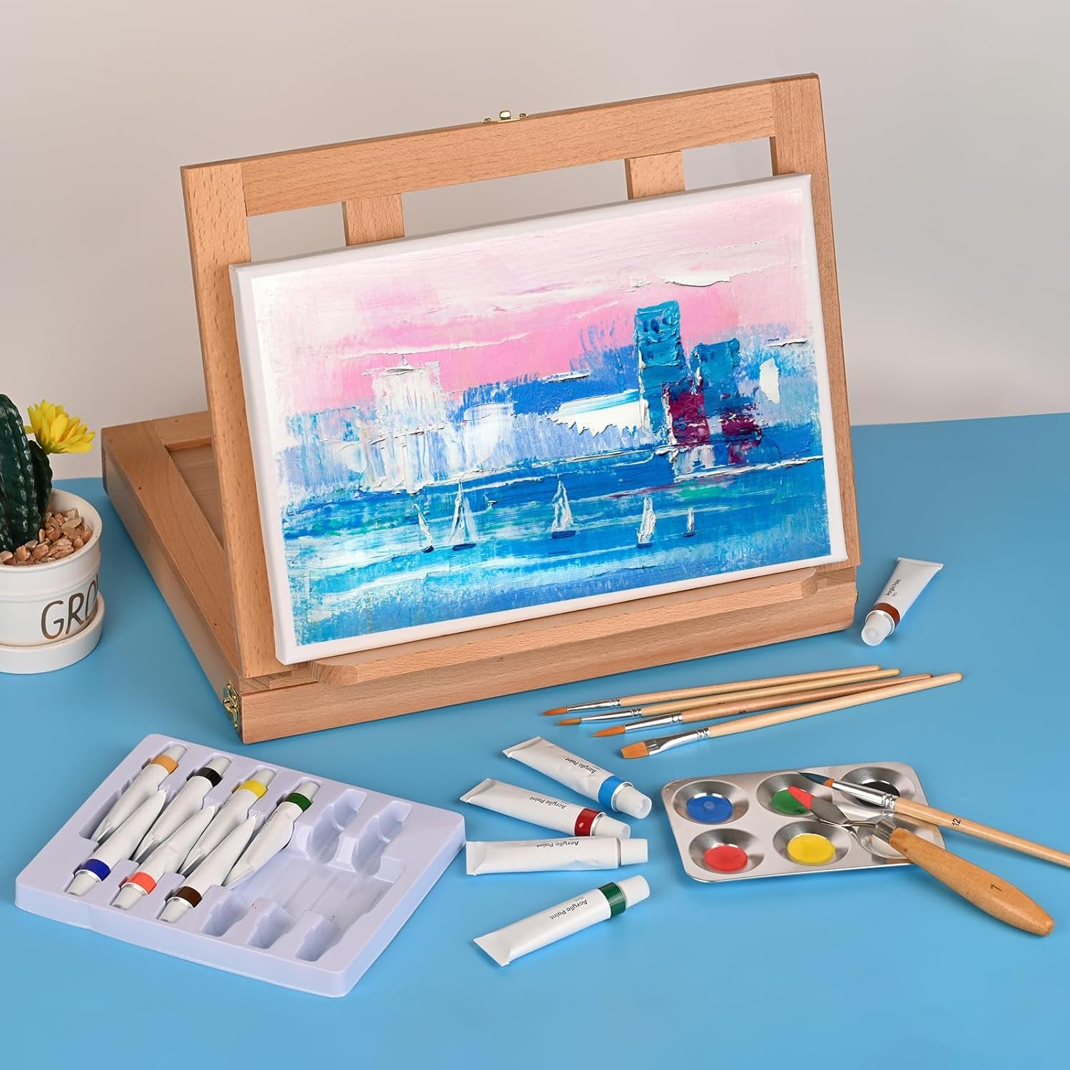 Tabletop Art Easel Acrylic Paint Set for Adults & Kids, Art Easel for Painting Portable Wooden Art Easel Stand,Painting Kits with Tabletop Easel,12 Paints,6 Brushes,3 Paint Knives,Palette,Canvas Board