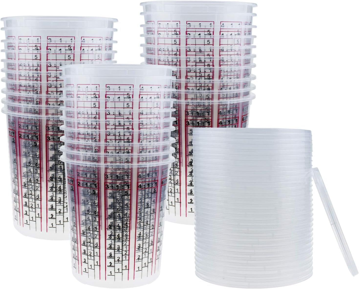 30 Pack Paint Mix Cups with Lids, 32 Ounce Plastic Paint and Epoxy Mixing Cups with Calibrated Mixing Ratios on Side of Cup, for Paint, Activators, and Thinner