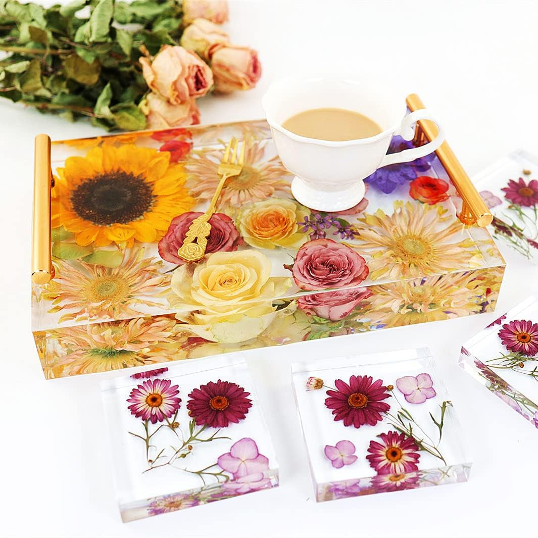 Large Silicone Tray Molds for Resin, 13.5"X9.5" Deep Rectangle Epoxy Tray Molds and 4Pcs Square Coaster Molds for Resin Table Mold Casting, Resin Tray Kit for DIY Art Home Decoration