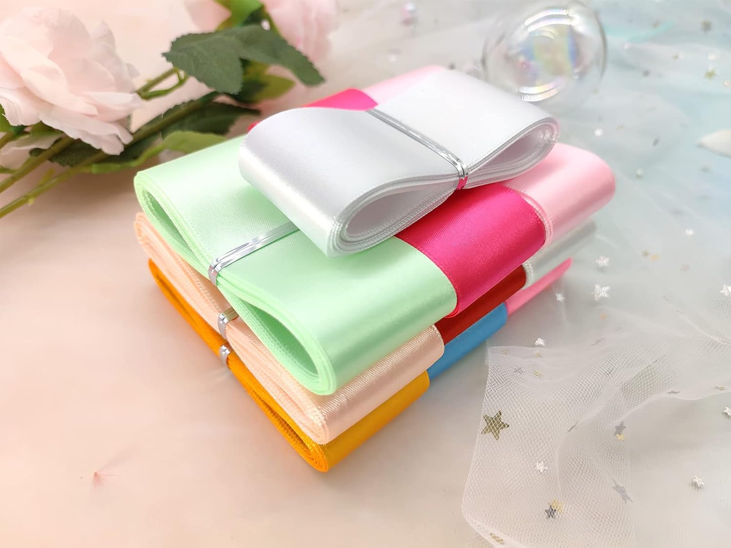 1 1/2" Single Face Satin Ribbon Assortment-100 Yards 25 Colors- Fabric Bulk Craft Ribbon for Gift Wrapping, Bow,Craft, Wreath,Binding Blanket (Multi-Color)