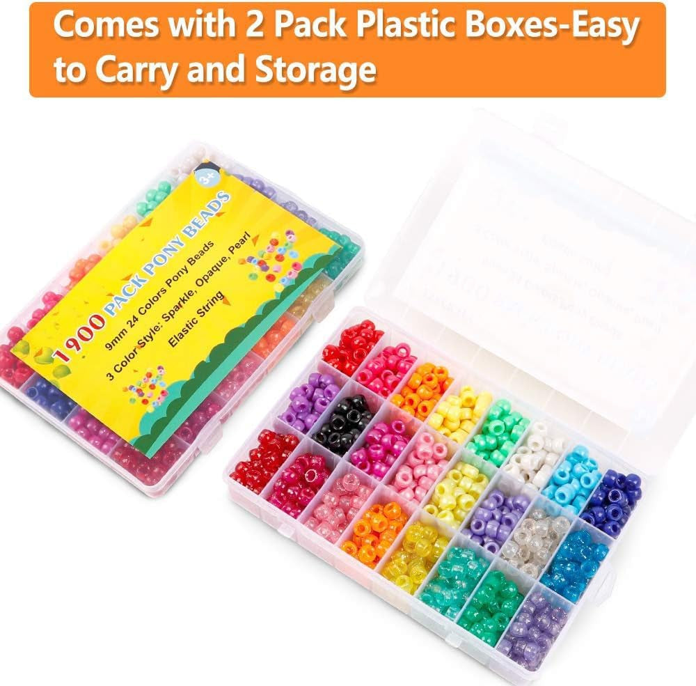 Pony Beads, 1,900 Pcs 9Mm Pony Beads Set in 24 Colors with Elastic String for Bracelet Jewelry Making by