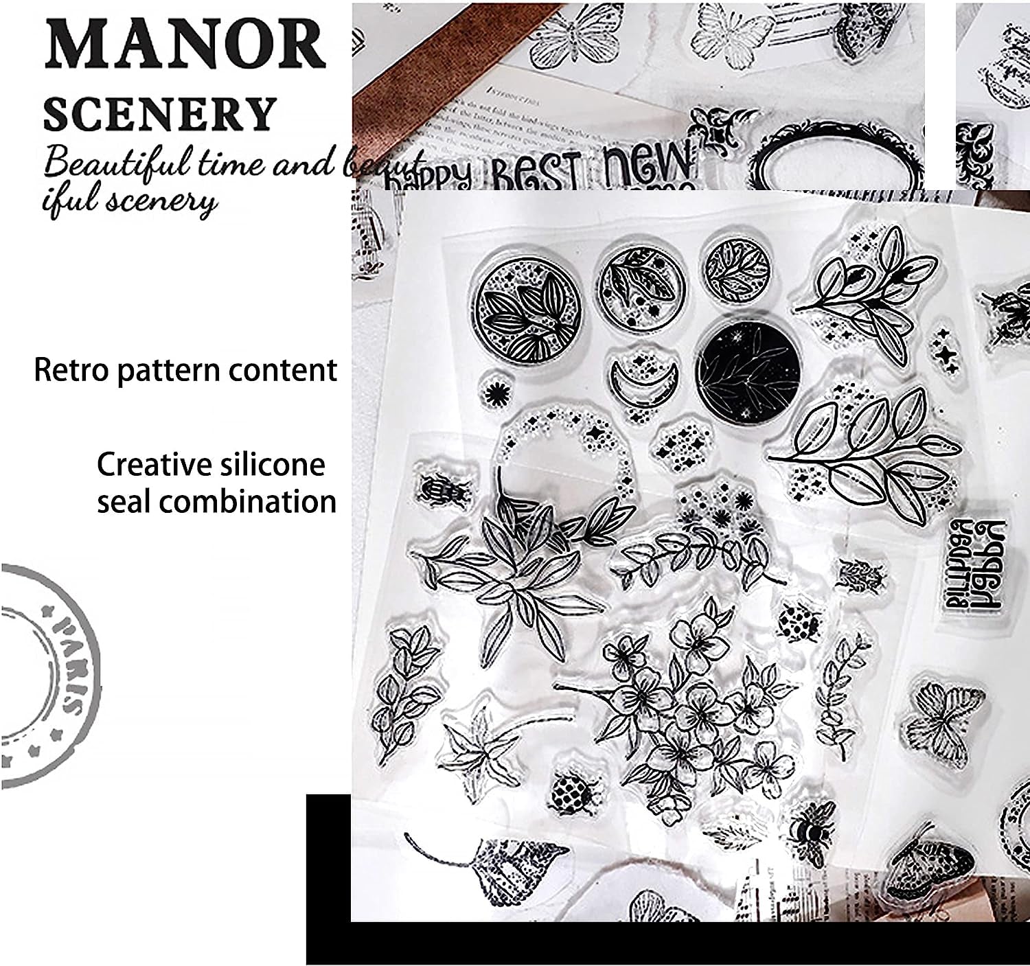6 Sheets Clear Stamp Silicone Stamp Cards with Greeting Words, Flowers, Leaves, Butterflies, and Moons Pattern for Thanksgiving Christmas Holiday Card Making and DIY Scrapbooking Journaling