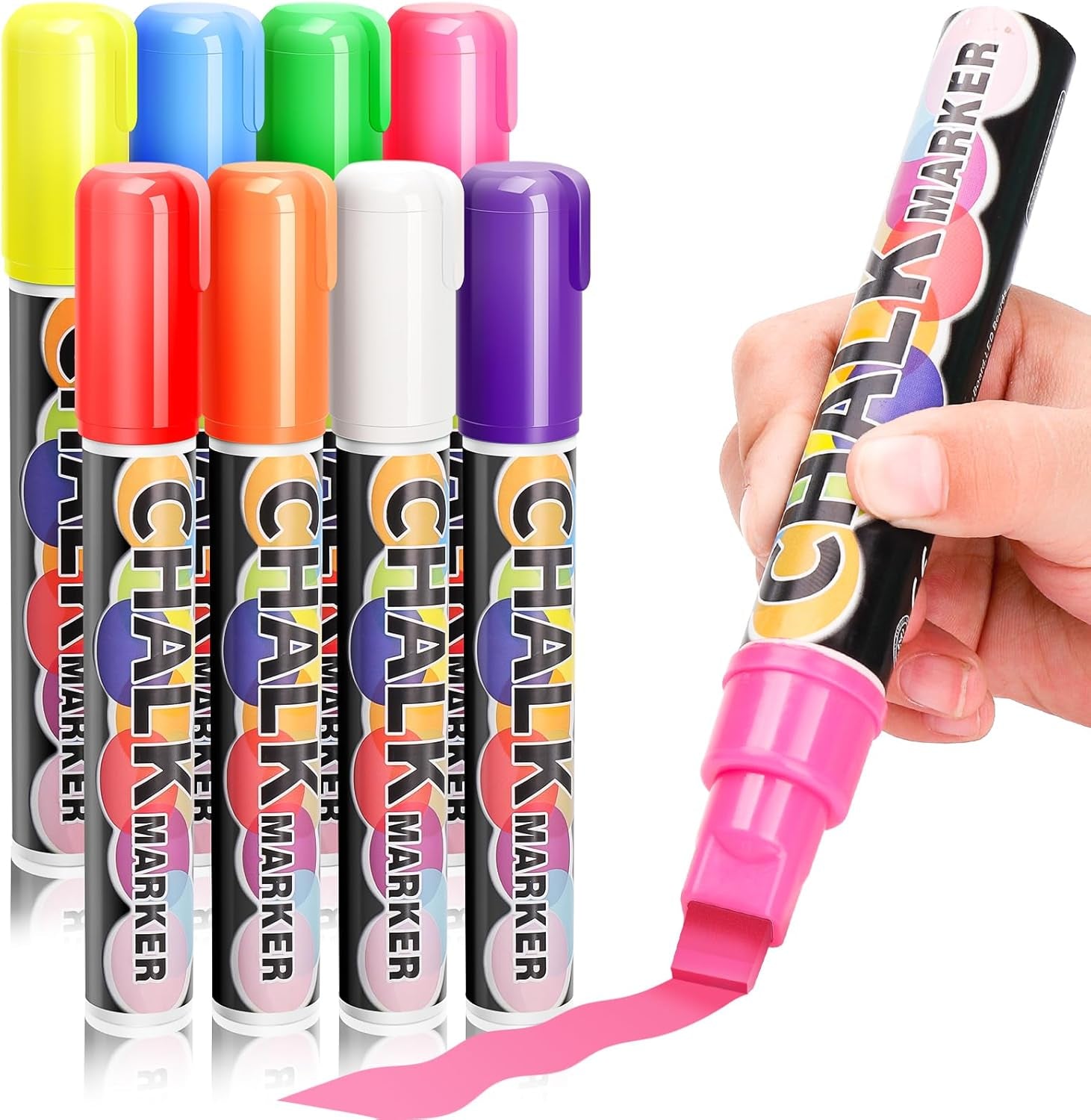 Car Window Markers for Auto Glass Washable - Liquid Window Chalk Markers Pen with 10Mm Jumbo Wide Tips, 8 Neon Colors Chalkboard Markers, Window Paint Markers for Menu Board, Blackboards, LED Poster