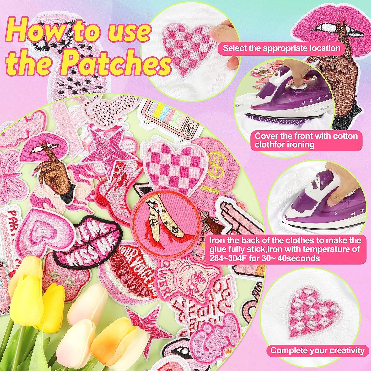 Embroidered Preppy Iron on Patches: 35PCS Pink Embroidery Sew on Applique Patch for Clothing