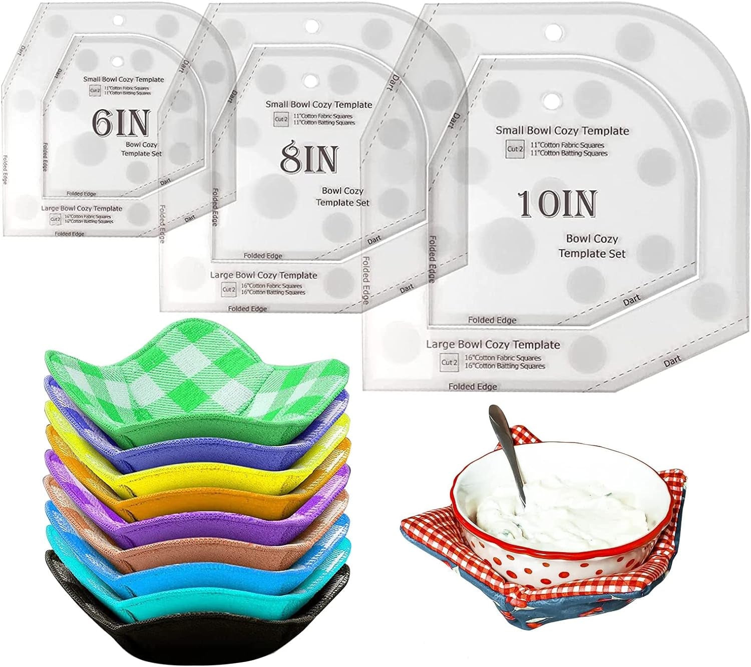Bowl Cozy Template Cutting Ruler Set, 3Pcs Acrylic Transparent Quilting Bowl Templates for Hot and Cold Food Bowl Rack, DIY Kitchen Art Craft Acrylic Stencil Cut on Fold Template Sewing (White)