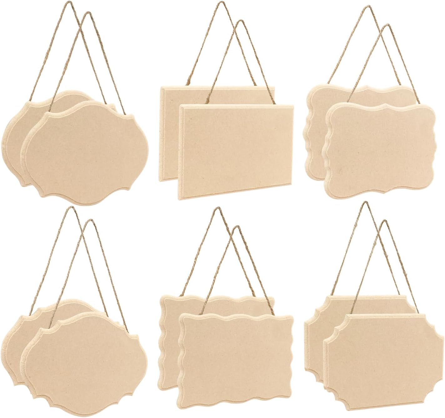 12 Pack Blank Hanging Wooden Signs for Crafts, 7 X 5 in Unfinished Beveled Wood Plaques for DIY, Mini Wood Signboard with Rope for Home Decor,6 Assorted Shapes