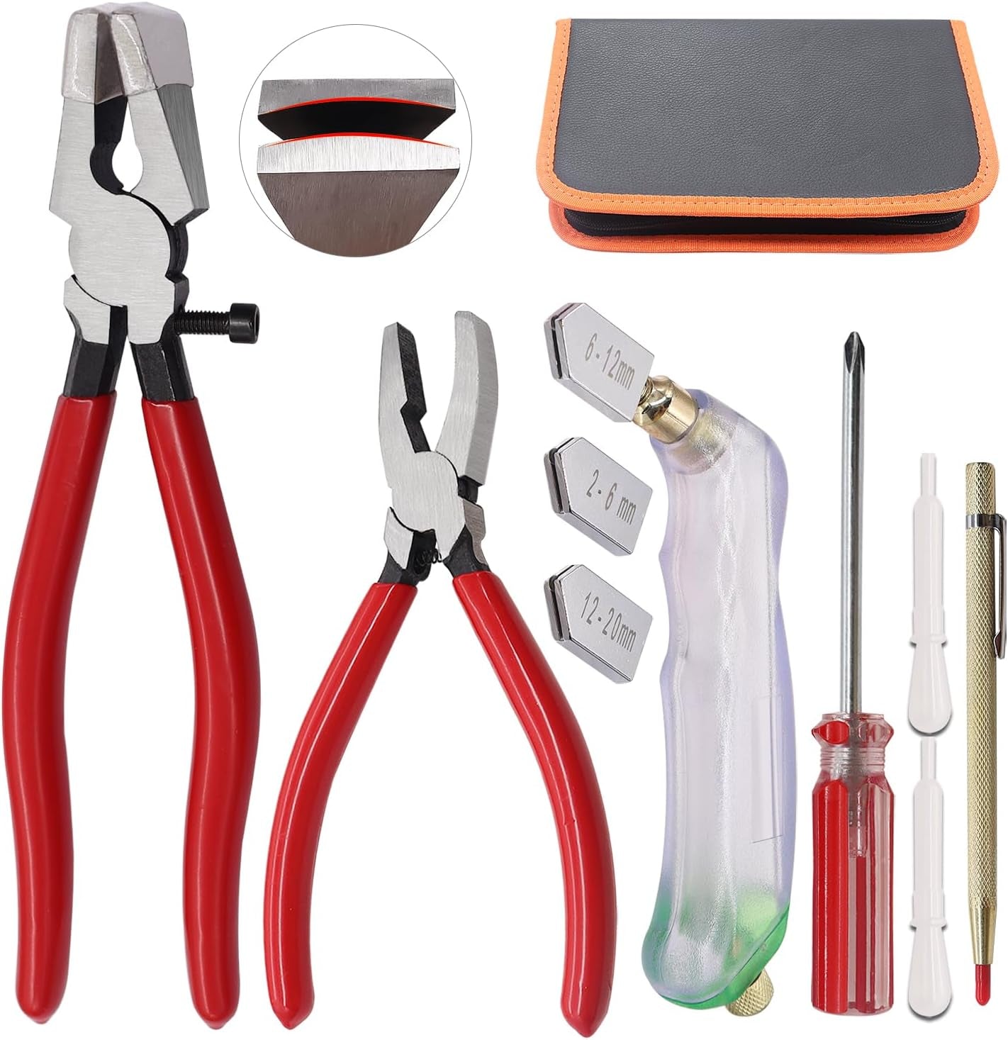 10Pcs Glass Cutting Tool Glass Cutter Glass Running Pliers Breaker Grozer Pliers with Curved Jaws Oil Feed Glass Cutters Tools Kit Stained Glass Tools Engraving Pen Screwdriver