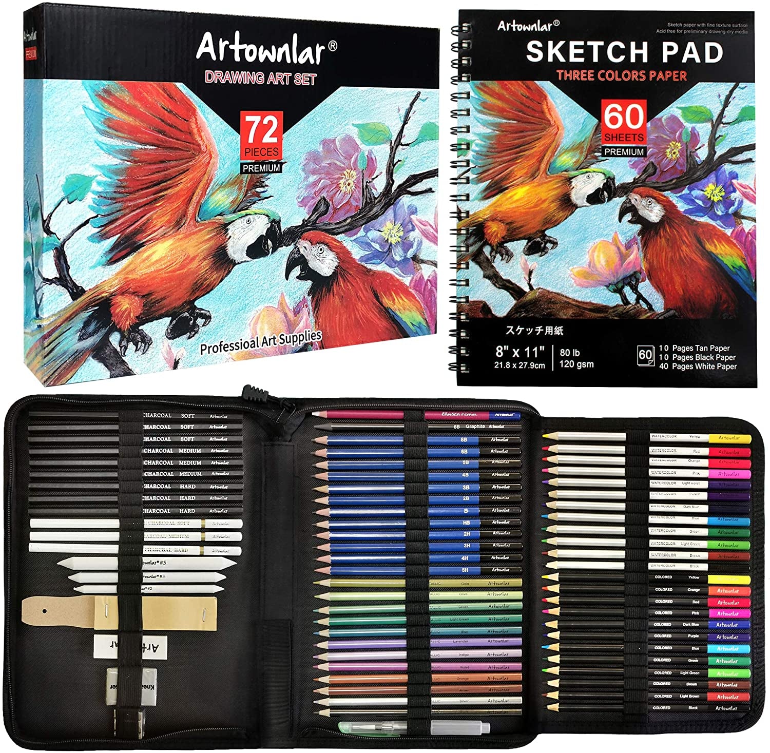 72 Pack Drawing Sketching Set with 8X11" Sketchbook | Pro Art Supplies Kit for Artist Adults Teens Beginner | Graphite Charcoal, Watercolor & Metallic Colored Pencils in Gift Case.