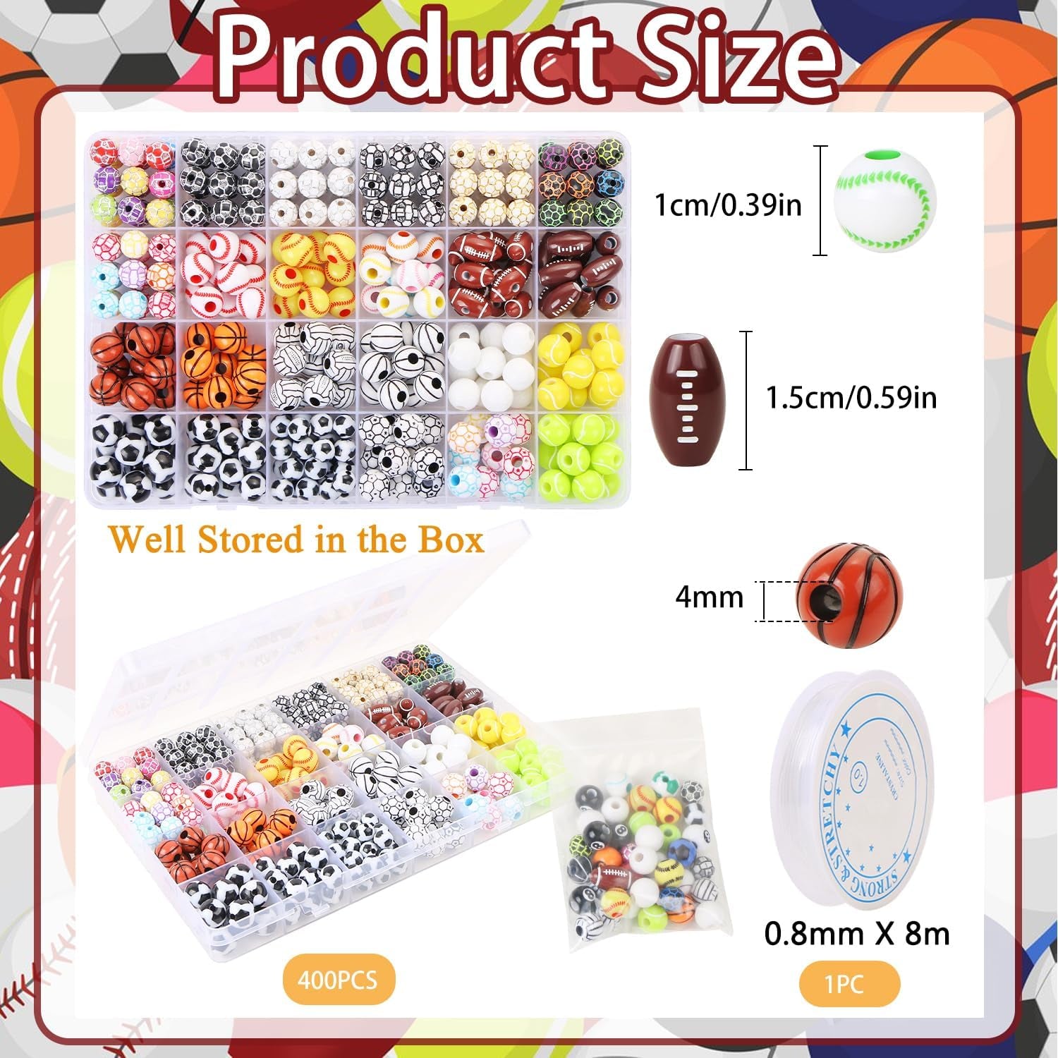400 Pcs Sports Ball Beads for Jewelry Making, Acrylic Sports Beads Bulk, Baseball Basketball Soccer Volleyball Softball Football Beads with Box, Sports Spacer Beads for DIY Crafts Key Chains Bracelet