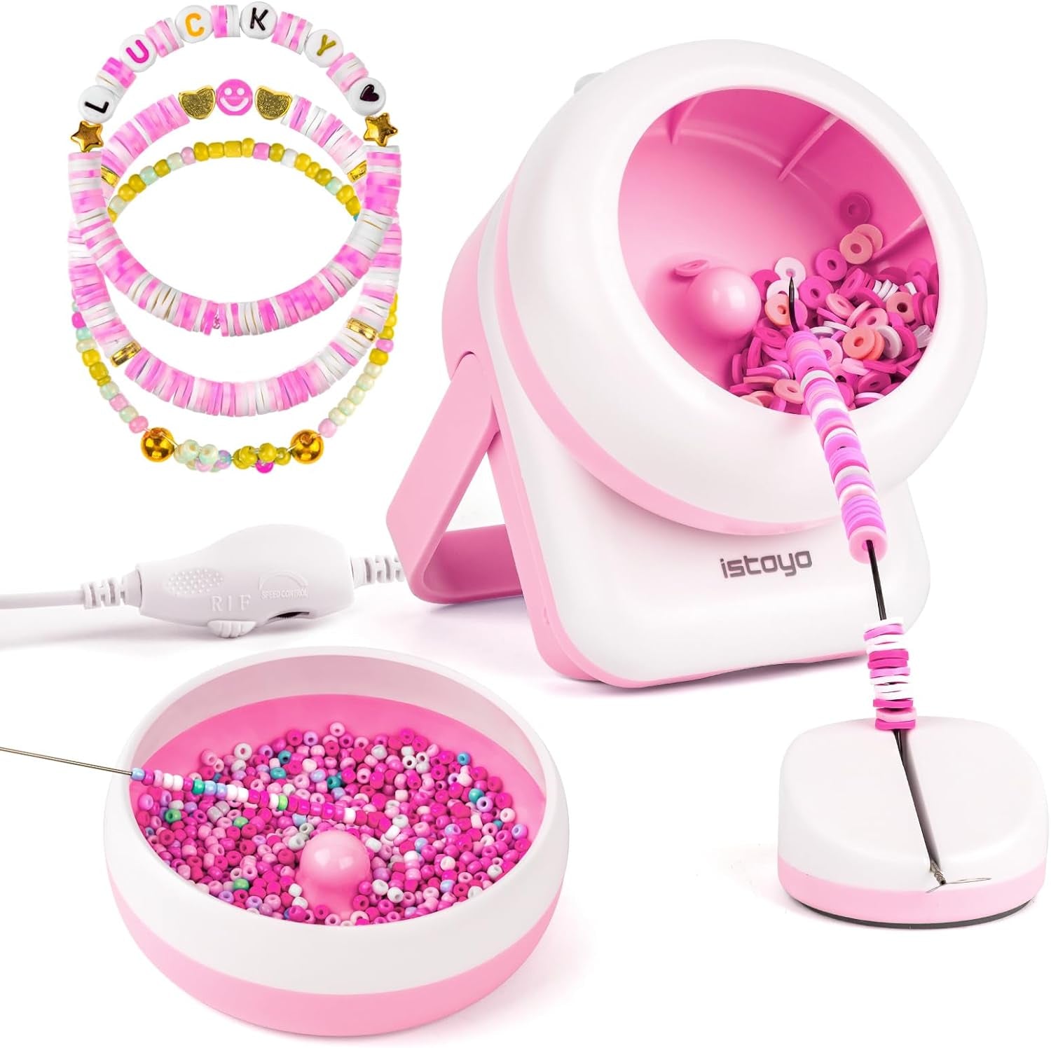 2IN1 Adjustable Electric Clay and Seed Bead Spinner - Dual-Purpose Jewelry Making Tool with Big Eye Beading Needle - Ideal for Bracelets and Necklaces - Vibrant Pink