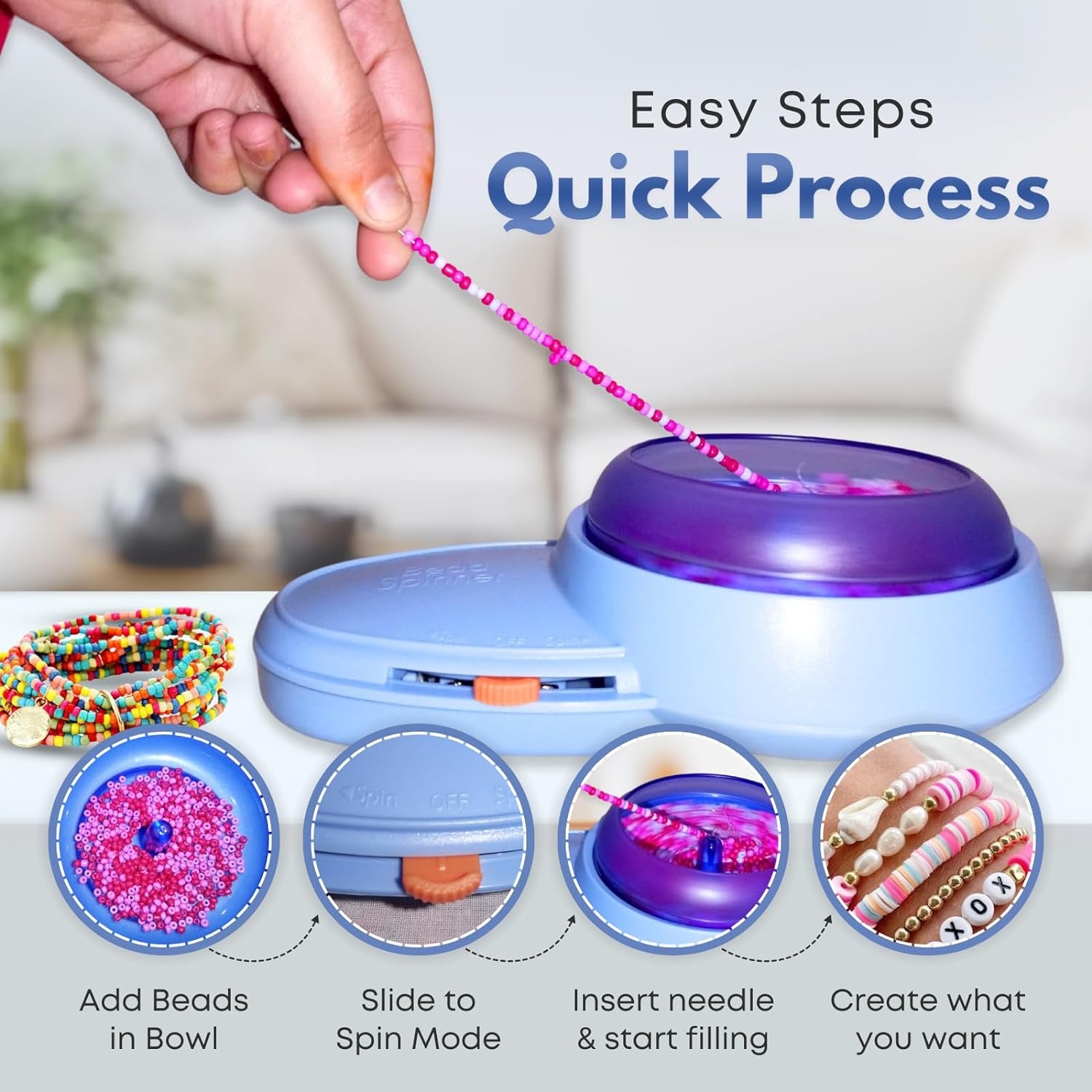Electric Bead Spinner for Jewelry Making | Adjustable Speed Bracelet Spinner Kit with Forward &amp; Reverse Rotation | 3 Bowls with Lids | 2 Big Eye Bead Spinner Needles &amp; 8 Colored Beads