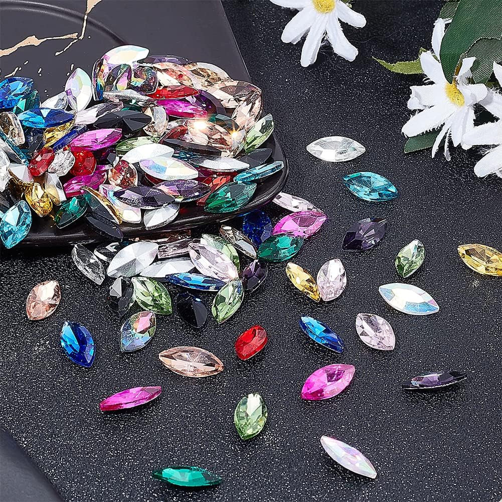 128 Pcs 16 Colors Pointback Horse Eye Shaped Gem Stones 0.6X0.3 Inch Glass Rhinestones Gems Jewels Embelishments with Silver Plated Back Crystals Rhinestones for Crafts Jewelry Making