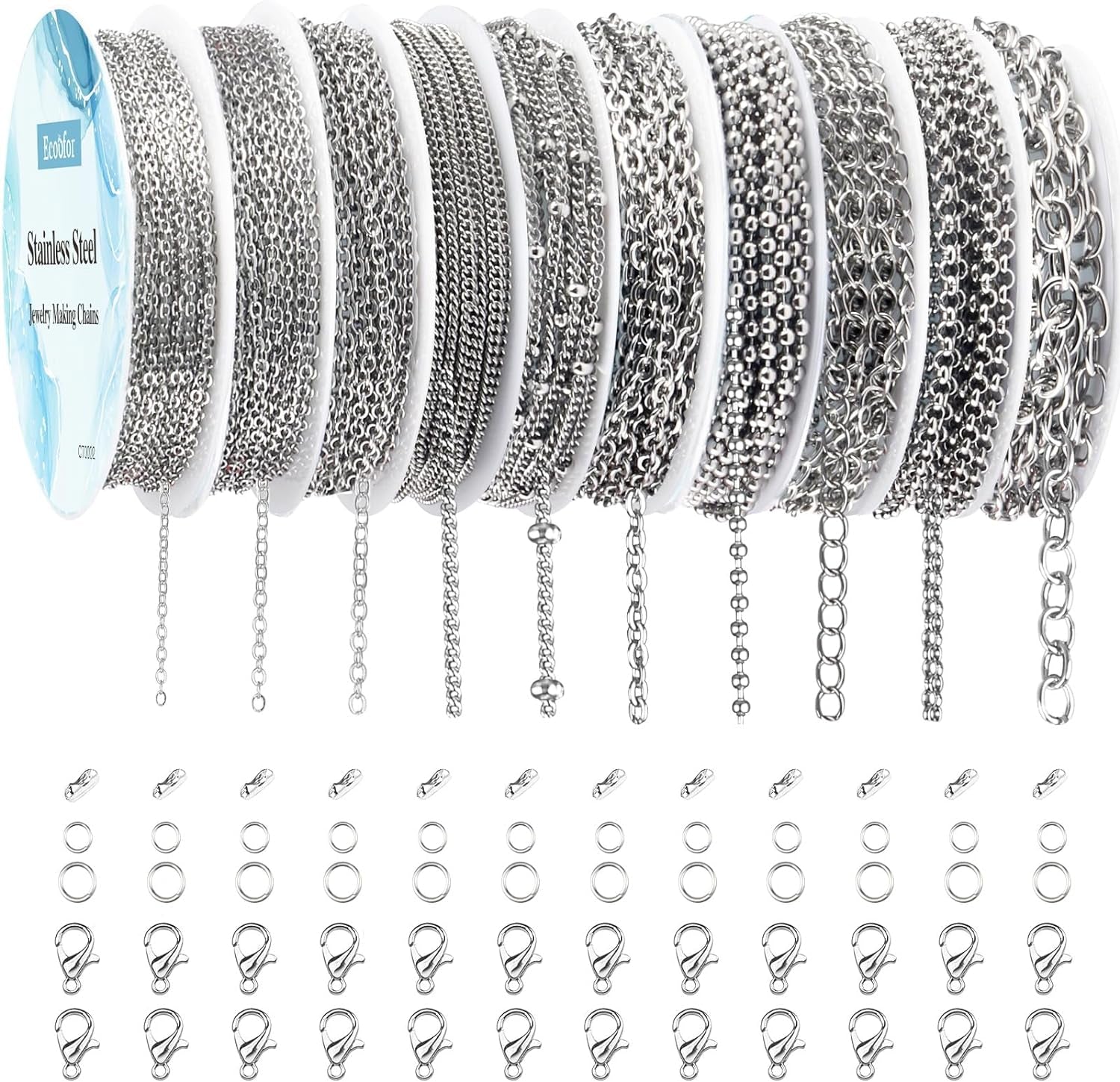 Necklace Chains for Jewelry Making, 78.7 Feet 10 Rolls 304 Stainless Steel Jewelry Chains for DIY Necklace Bracelet Jewelry Making with Stainless Steel Jump Rings/Lobster Clasps/Connectors