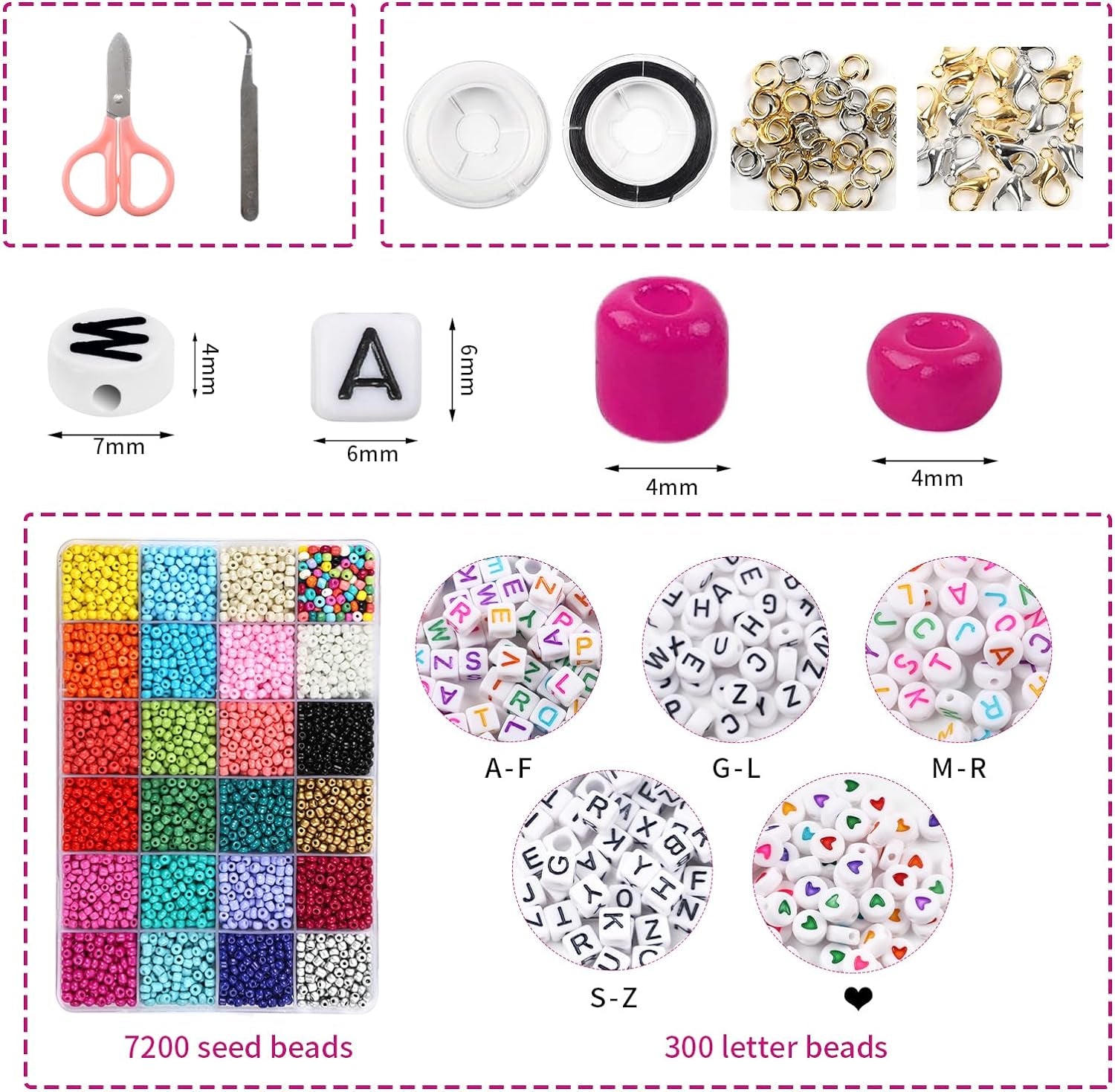 7200Pcs Seed Beads for Friendship Bracelet Kit, 4Mm Glass Bracelet Beads Kit and 300Pcs Letter Beads for Jewelry Making, Necklaces, Craft Gifts