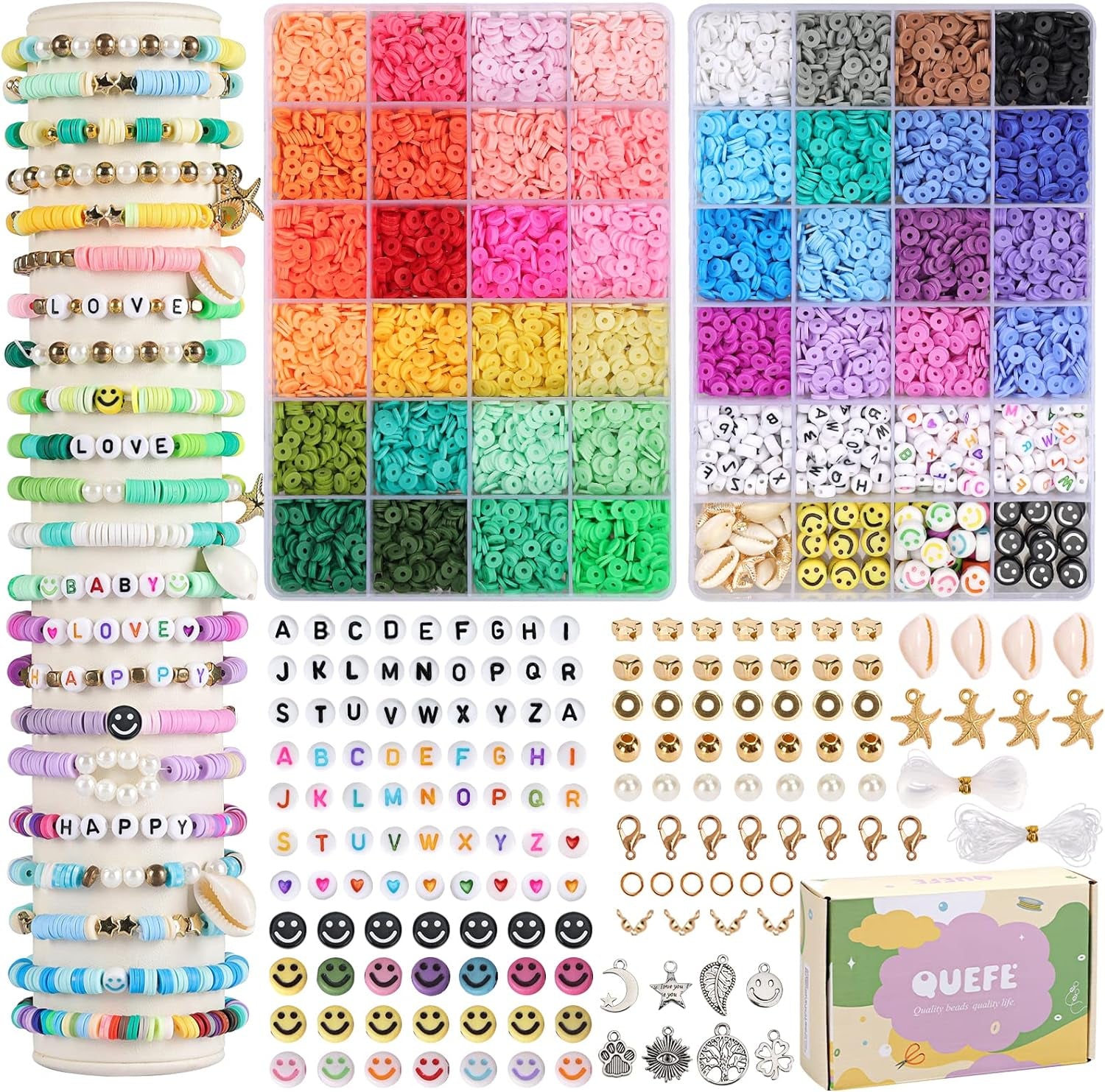 7870Pcs Clay Beads Bracelet Making Kit, 40 Colors Polymer Clay Beads Heishi Flat Beads Kit with Preppy Beads Letter Beads for Crafts Jewelry Making