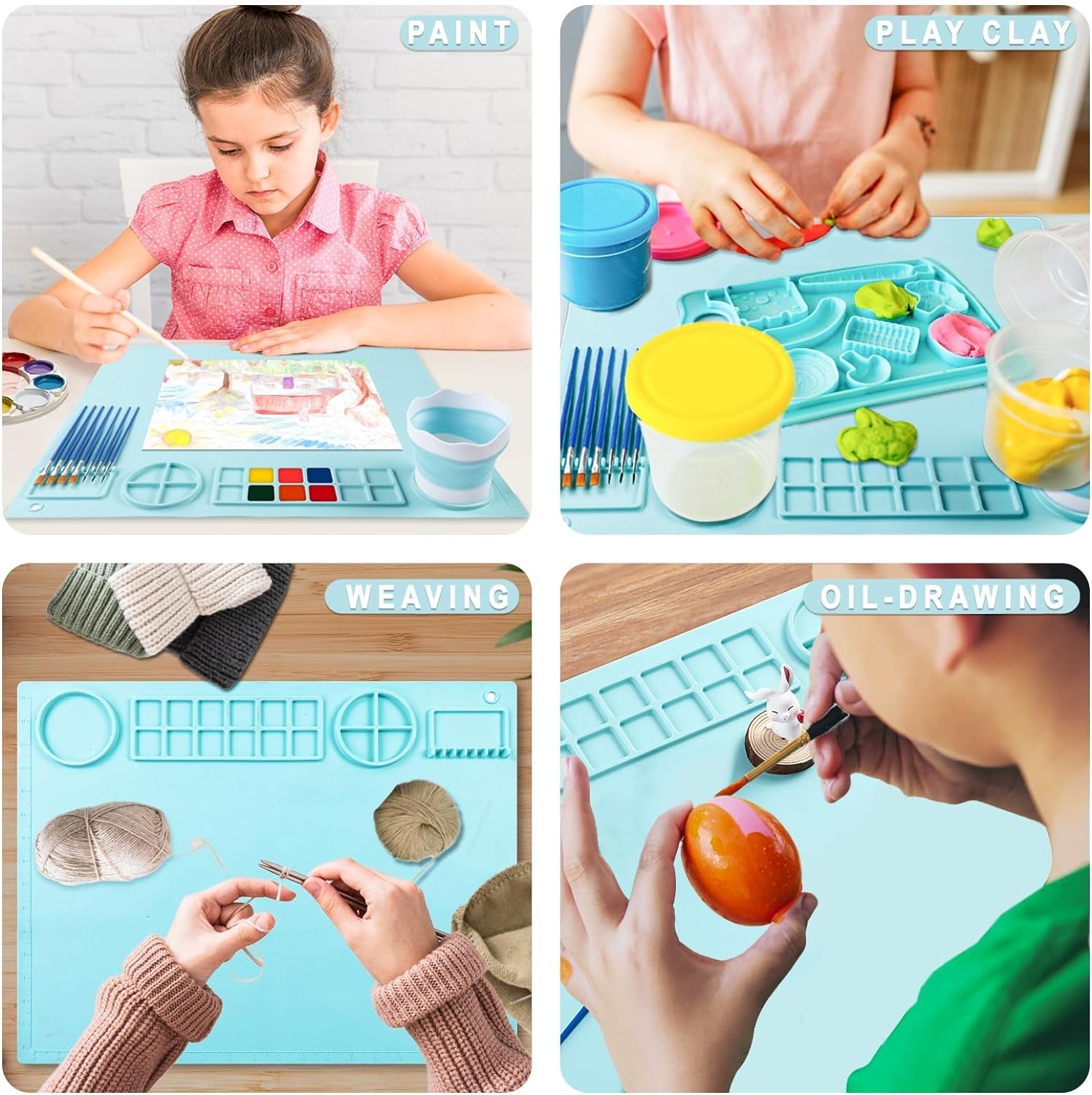 Silicone Craft Mat 20X16 Inch Large Silicone Art Mat with Detachable Cup Painting Mat with 10 Painting Brushes Silicone Drawing Mat Sheets for Kids Adult DIY Accessories (Blue)