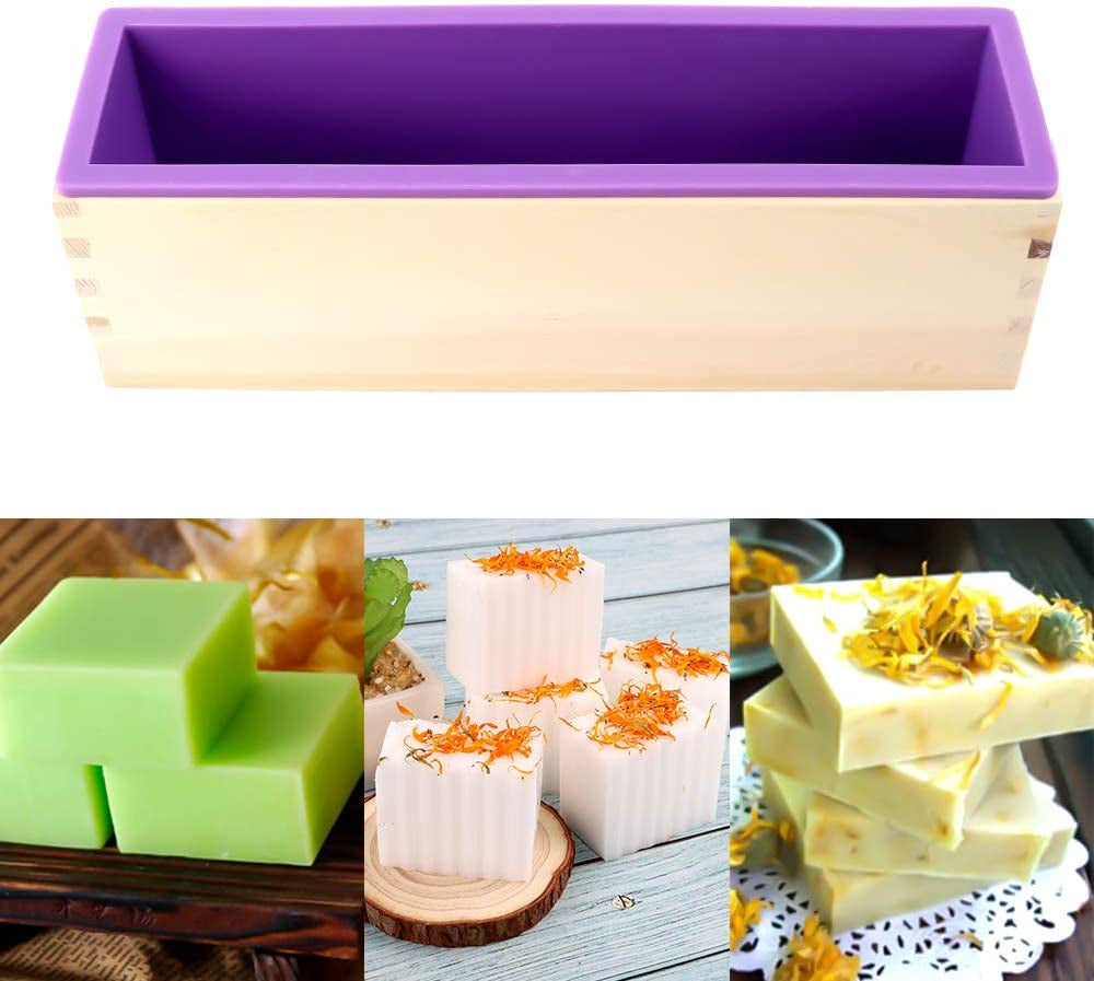Silicone Soap Mold for Soap Making, Rectangular Loaf Soap Mold with Wooden Boxes, 2 Cutters and 100Pcs Bags, 2Pcs, 42Oz