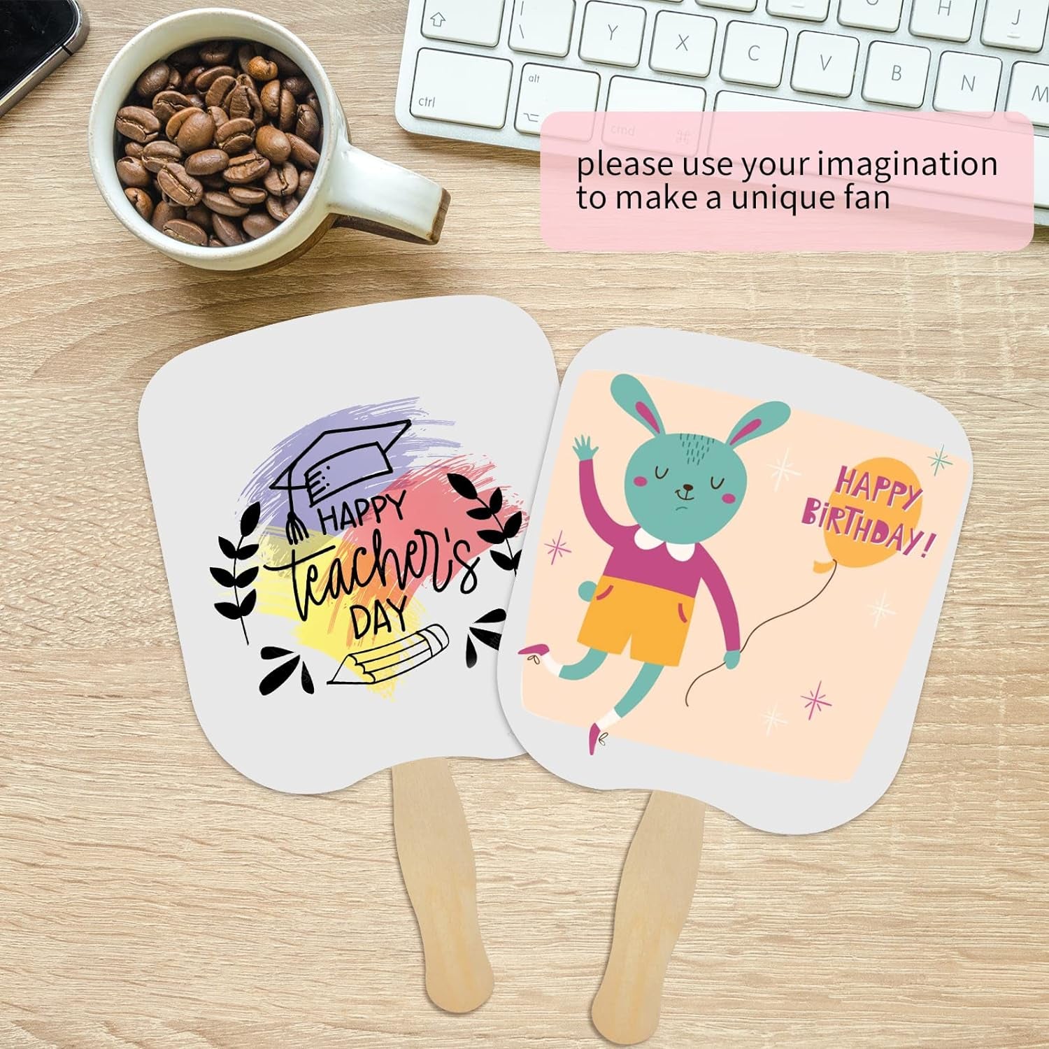 30 Pieces Church Fans Handheld Set, Including Fan Handle Craft Sticks Wavy Wooden Sticks, Blank White Cardstock, Double Sided Tape Church Fans for DIY Crafting Painting