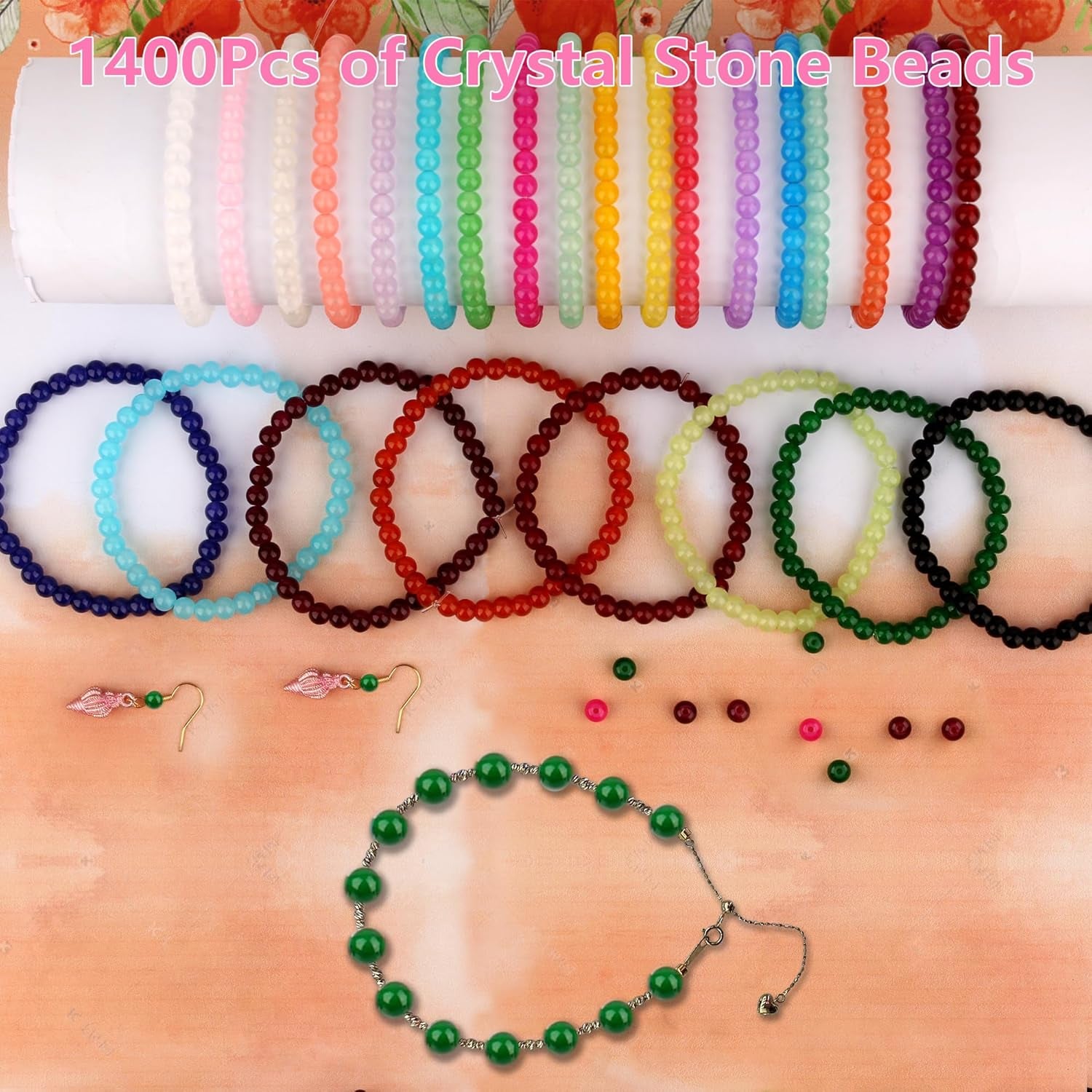 1400Pcs Glass Beads for Bracelets - DIY Bracelet Making Kit with 28 Colors, 6Mm round Beads - Stunning Crystal Beads - Glass Bead Kit for Jewelry Making