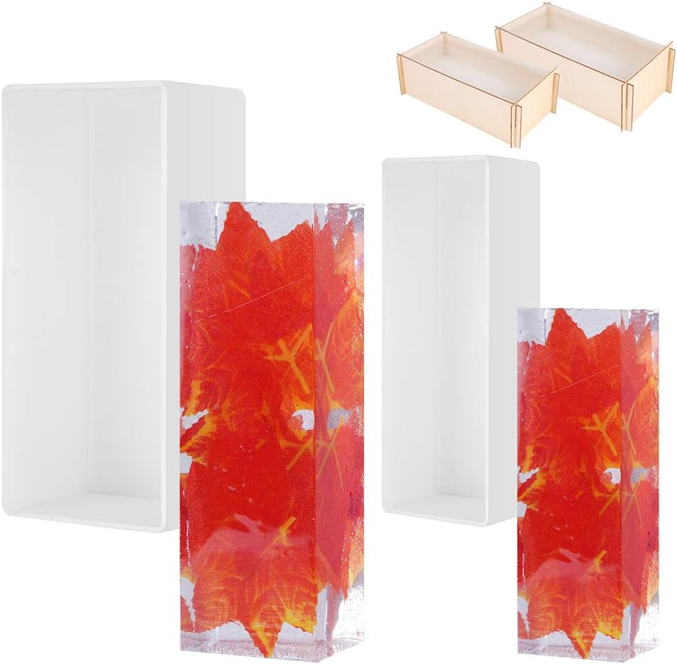 2PCS Different Size Silicone Resin Molds, Deep Rectangle Epoxy Resin Molds with Wooden Support, Large Size DIY Molds for Home Office Decoration Resin Casting