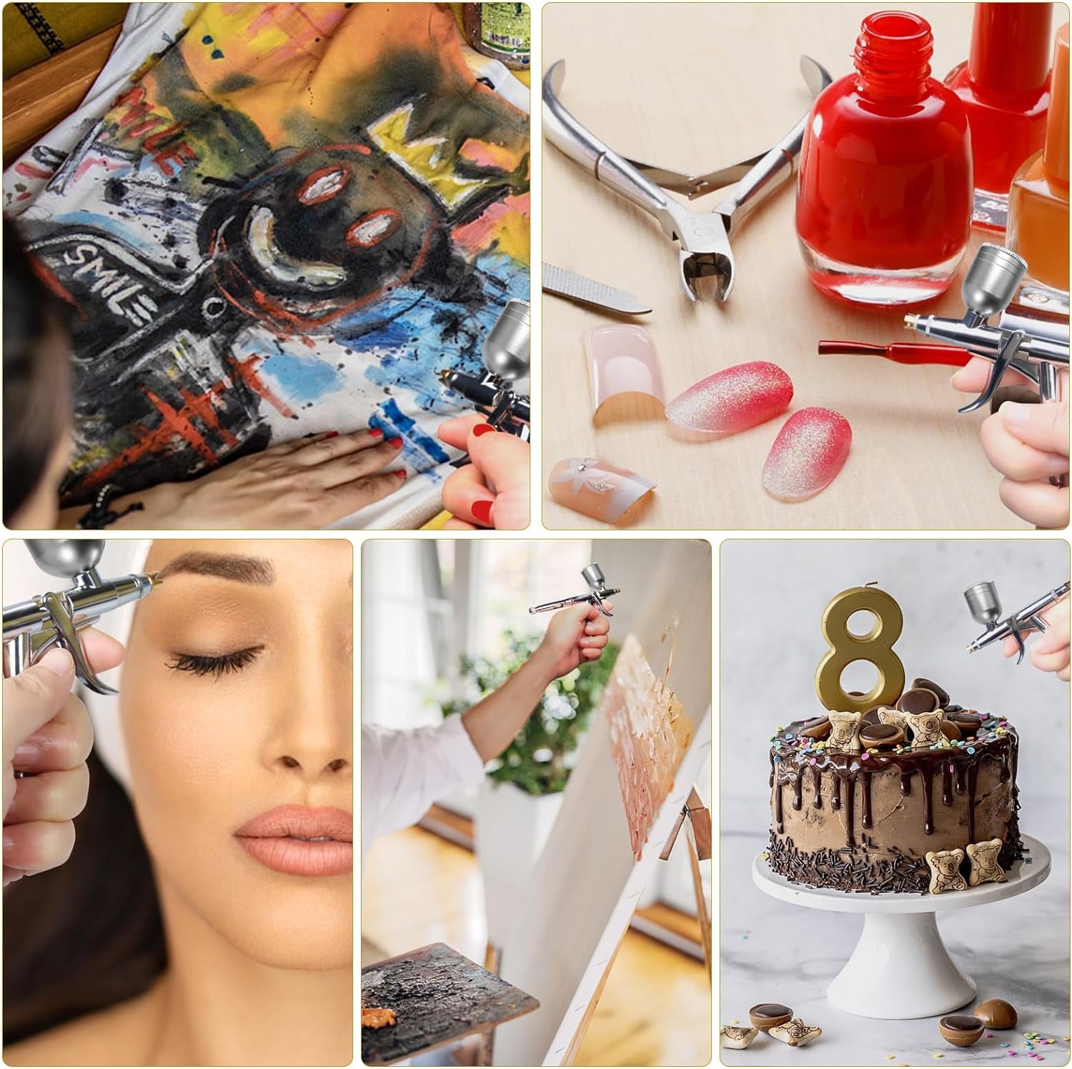 Airbrush Gun Dual-Action Trigger Air Brush Painting Set with 0.5Mm/0.3Mm Needles 5CC and 7CC Paint Cup Aerografo with Adjustable Liquid Thickness Makeup Nail Model Painting Tattoo Art Hobby