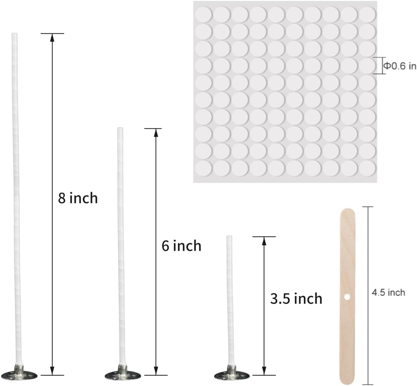 300Pcs Functional Smokeless Candle Wicks,100Pcs Wicks Sticker, Pre Waxed Cotton Wick with Metal Sustainer Tabs for Pillar Candle Making and Candle DIY, 9Cm/3.5In,15Cm/6In,20Cm/8In