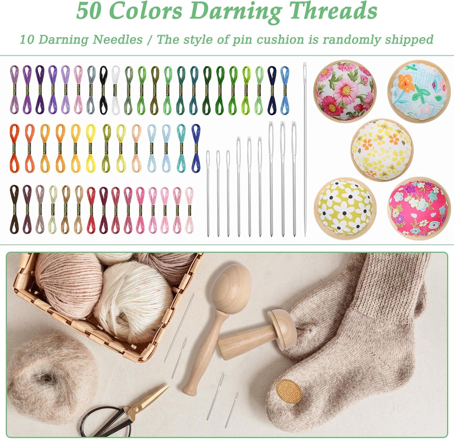 Darning Egg Darning Mushroom for Socks Darner Egg Kit Include 14 Hooks Small Small Weaving Darning Loom 9 Large Eye Needles 50 Colors Darning Thread for DIY Handicraft Home Sewing Care