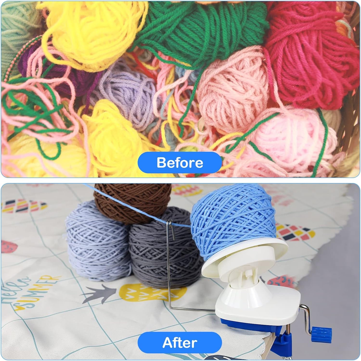 Needlecraft Yarn Ball Winder Hand Operated,Capacity 4-Ounce,Blue,Portable Package,Easy to Set up and Use,Sturdy with Metal Handle and Tabletop Clamp,Including 8 Sizes Crochet Hooks Set