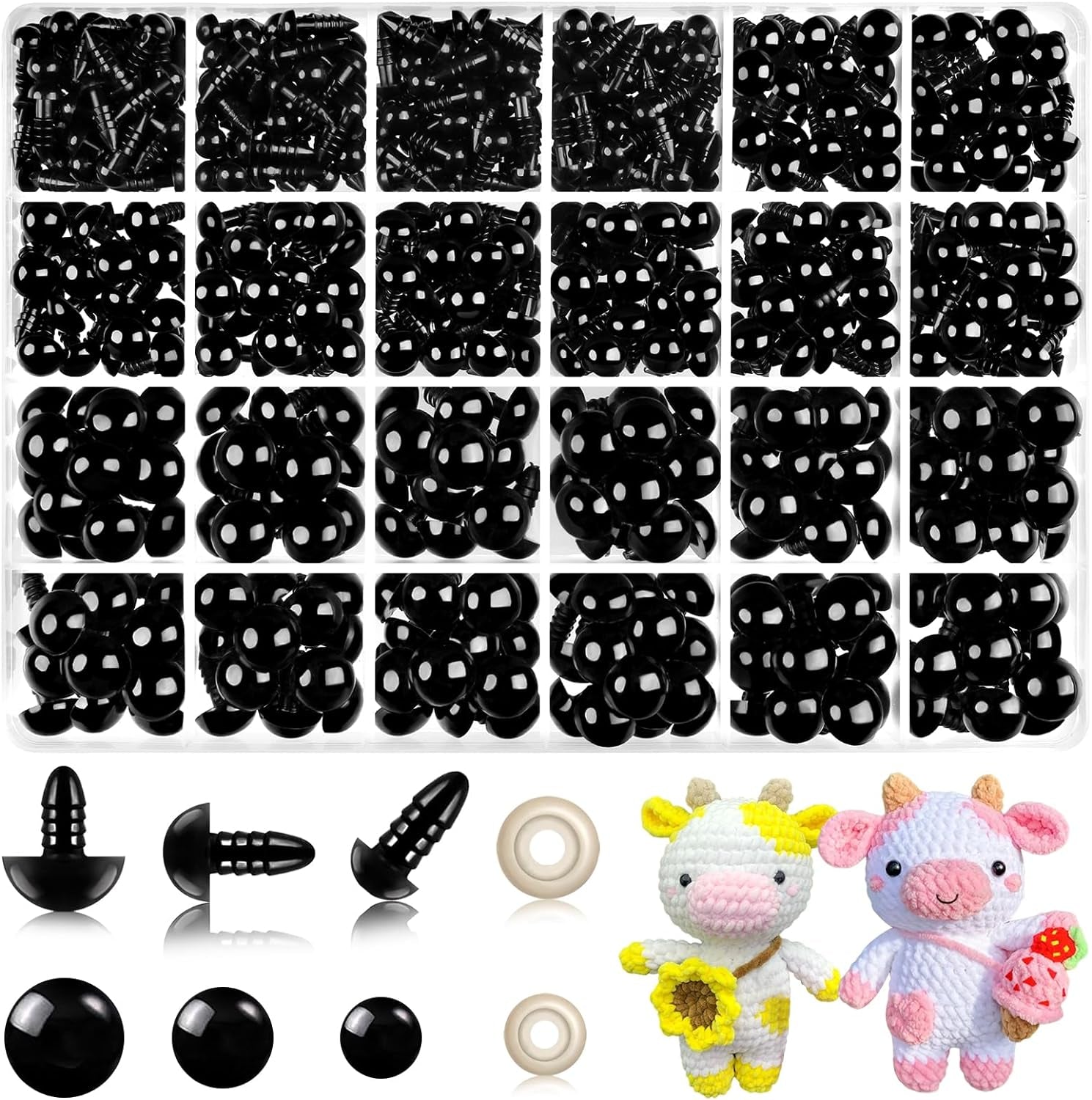 1200PCS Safety Eyes for Amigurumi, Stuffed Crochet Eyes with Washers 6Mm, 8Mm, 12Mm Plastic Crochet Safety Eyes Black Safety Eyes for Crochet Stuffed Animal Eyes for Craft Teddy Bear 6
