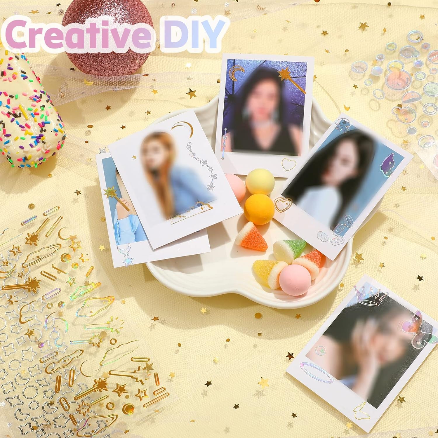 18 Sheets Scrapbook Kpop Stickers Adhesive Decor Shinny Korean Stickers for Photocards Butterfly Star Moon Waterproof Cute Stickers for Scrapbooking Planner Diary Decoration (Gold, Silver, Heart)