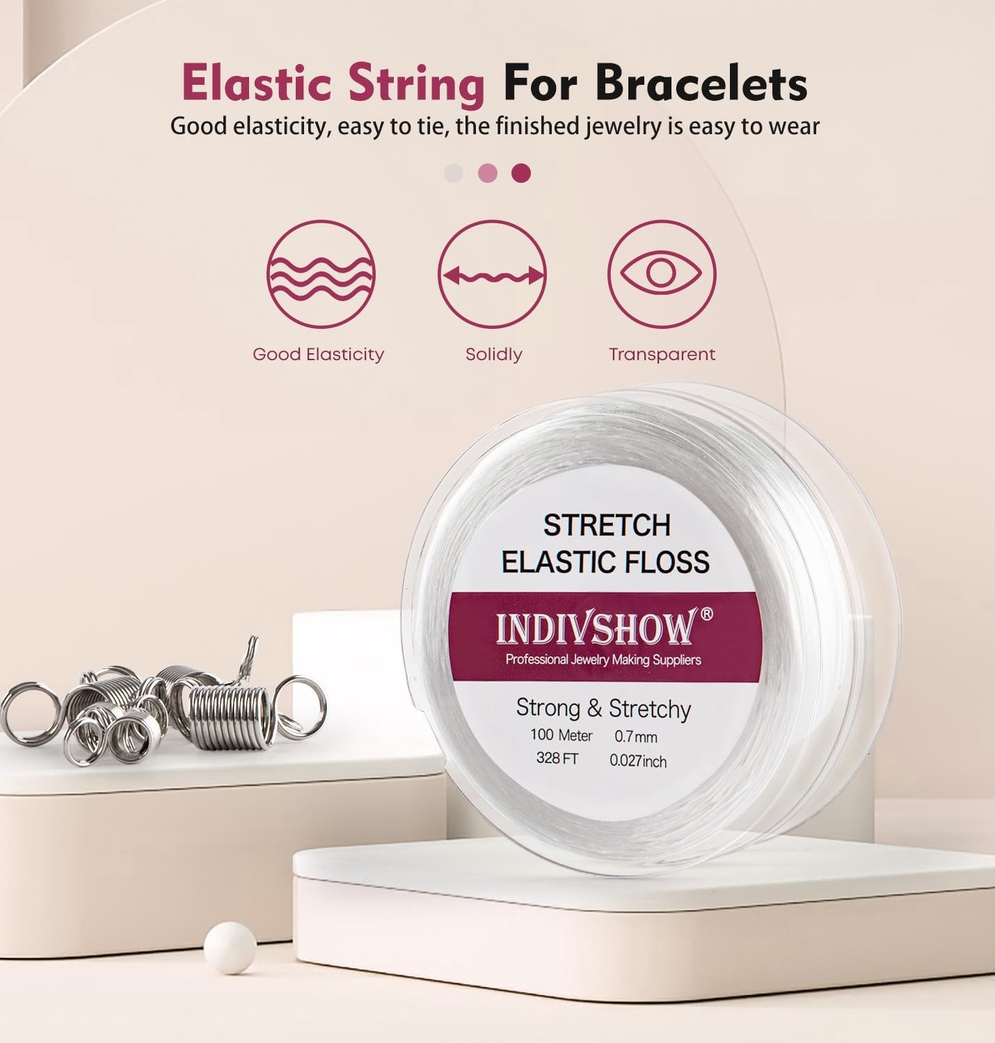 Elastic Bracelet String Cord Stretch Bead Cord with 6Pcs Bead Stoppers and 1Pc Big Eye Beading Needle for Jewelry Making and Bracelet Making White