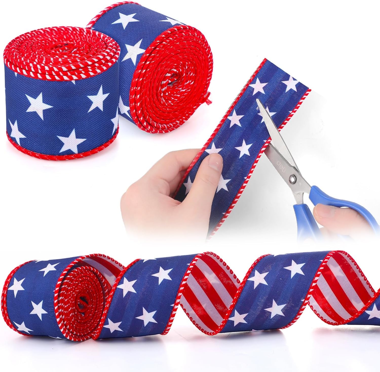 4 Rolls Patriotic Day Wired Ribbon 20 Yard 4Th of July Red White Blue Decorative Ribbon American Patriotic Day Edge Ribbons for Independence Day Bows DIY Wreath Making Crafts Memorial Day