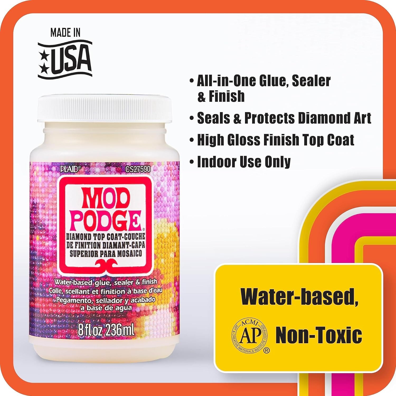 Top Coat, Premium All-In-One Glue, Sealer, and Finish Perfect for Preserving Diamond Puzzle Arts and Crafts Projects, CS27590, Clear