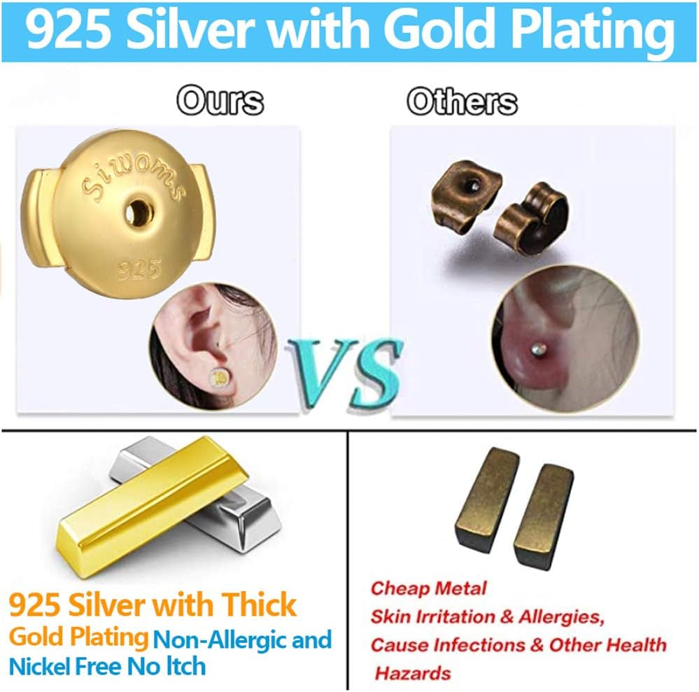 2-Pairs 18K Gold Plated Locking Earring-Back Replacements Secure for Diamond Studs, Hypoallergenic Sterling Silver Backings for Notched Post (0.7～1.0Mm)