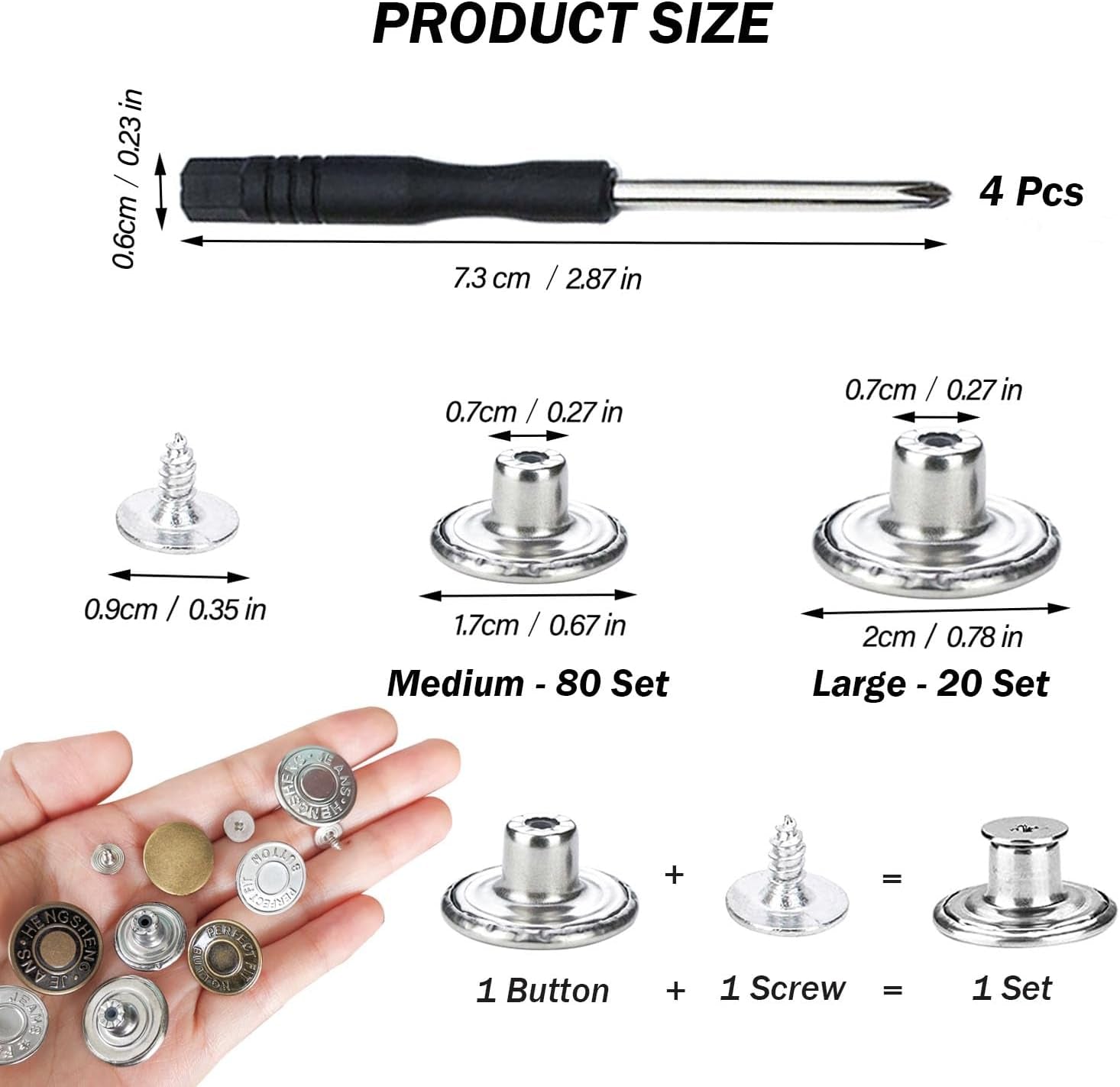100 Sets Buttons for Jeans, 17Mm and 20Mm No-Sew Removable Adjustable Metal Jean Buttons Pins, Pants Jeans Button Replacement Tightener Repair Combo Thread Rivets and Screwdrivers in Storage Box