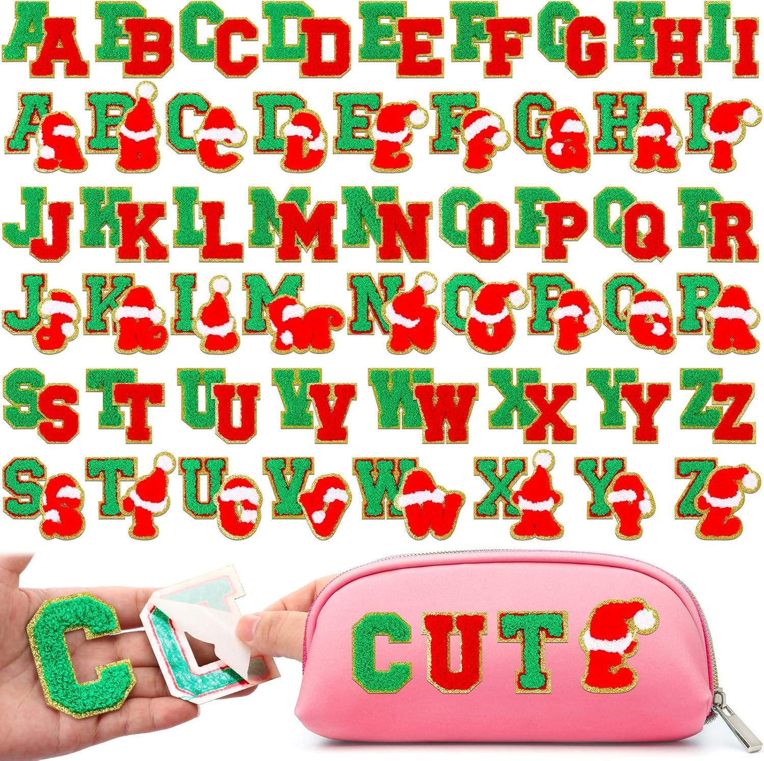 104 Pcs Chenille Letter Patches Iron on Letters Varsity Letter Patches Self Adhesive Chenille Patches Chenille Embroidered Patch for Clothing(Green, Red, Cute)