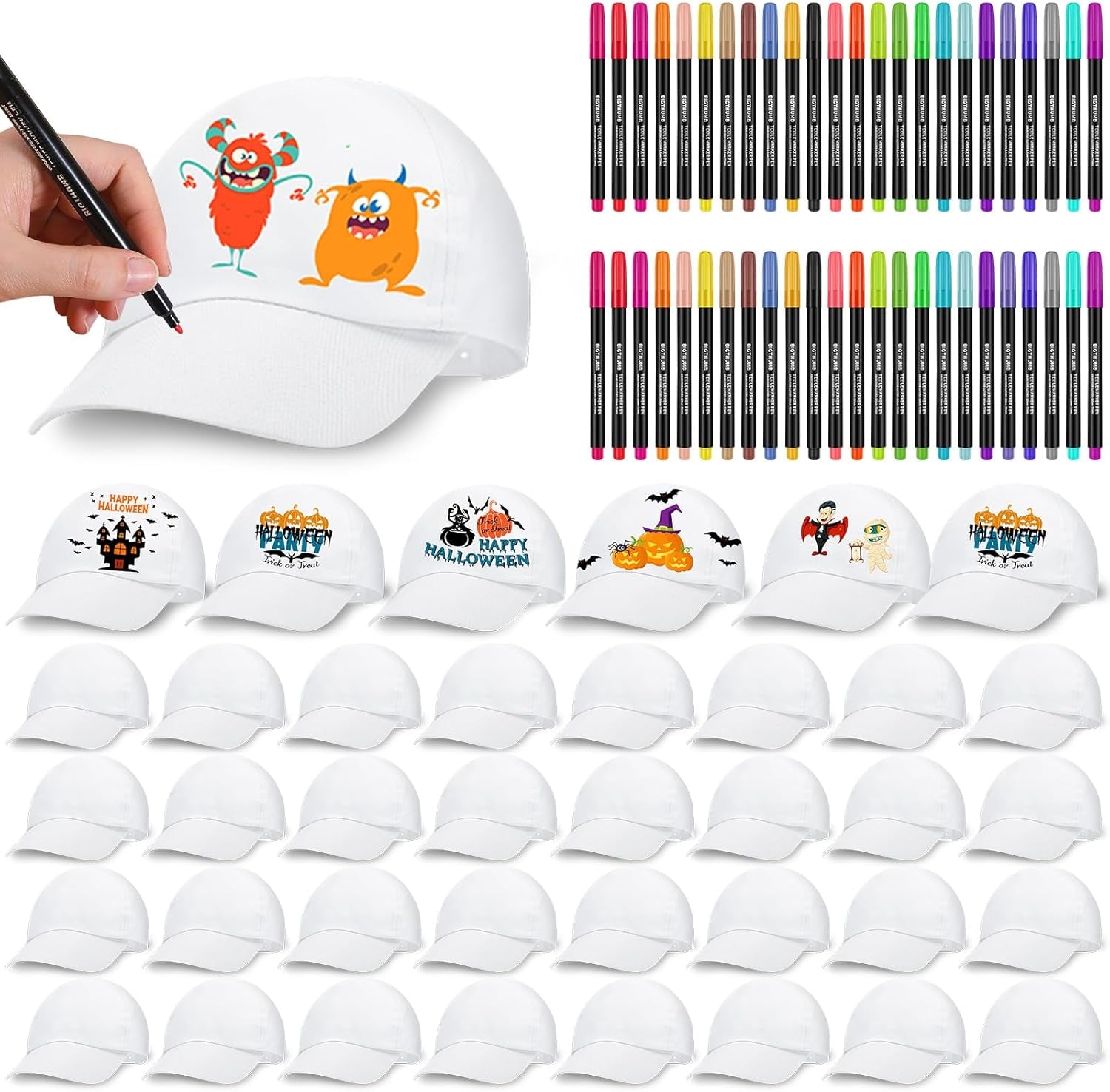 16 Pieces Halloween White DIY Hats with 24 Colors Fabric Markers Pen Bulk for Halloween Supplies