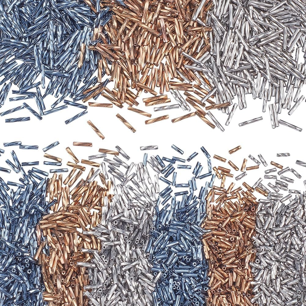 2000Pcs Twisted Bugle Beads, 3 Colors Metallic Bugle Beads 6/9/12Mm Glass Long Tube Seed Bead Craft Beads Loose Spacer Beads for Fringe Earrings Bracelets Necklaces Jewelry Crafts Making