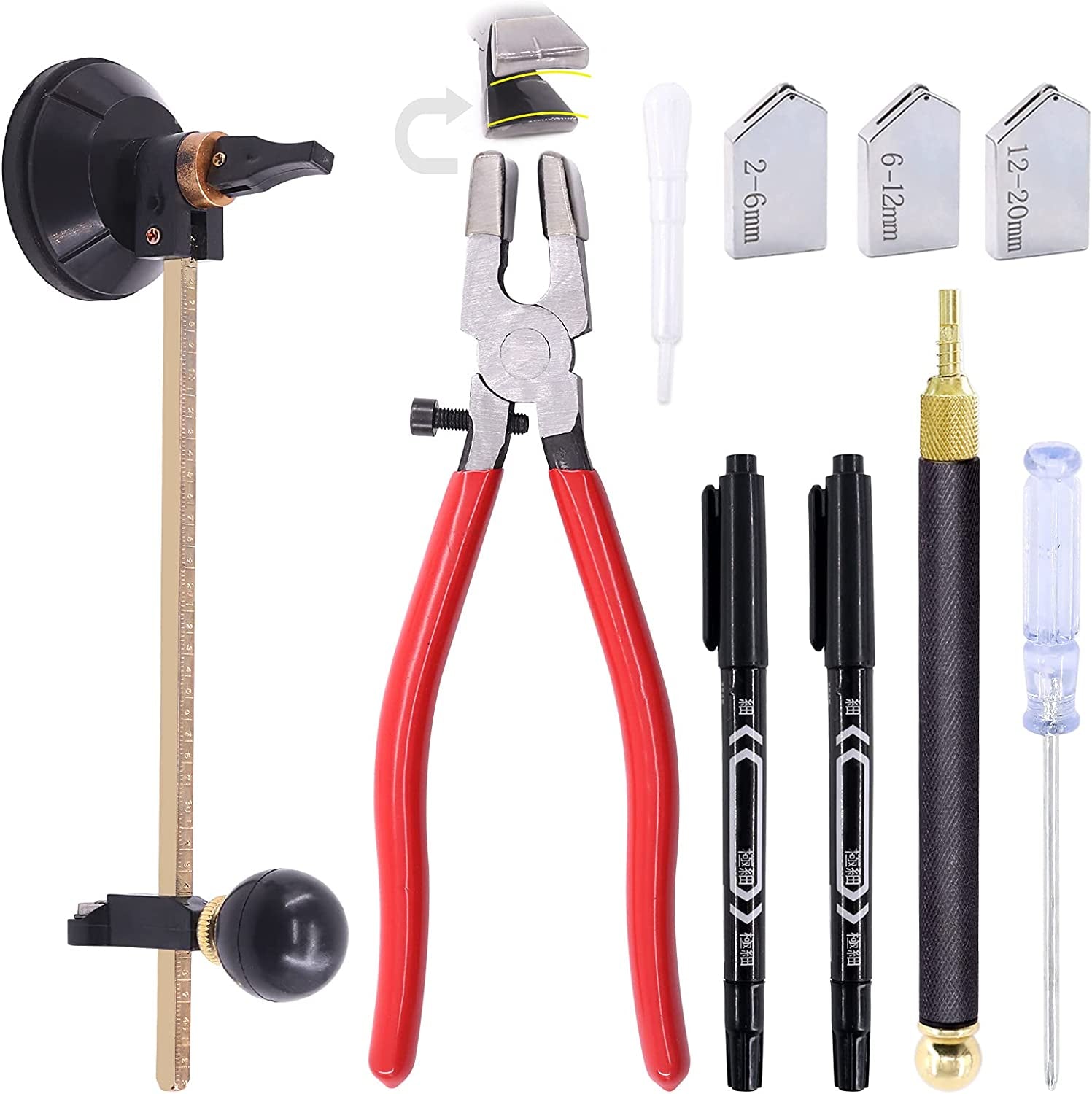 9 Pcs Glass Cutting Tool Set Kit Includes Adjustable Circular Glass Cutter, Glass Running Pliers with Rubber Tip, 2Mm-20Mm Oil Feed Carbide Tip with 3 Bonus Blades for Mirrors Tiles Mosaic