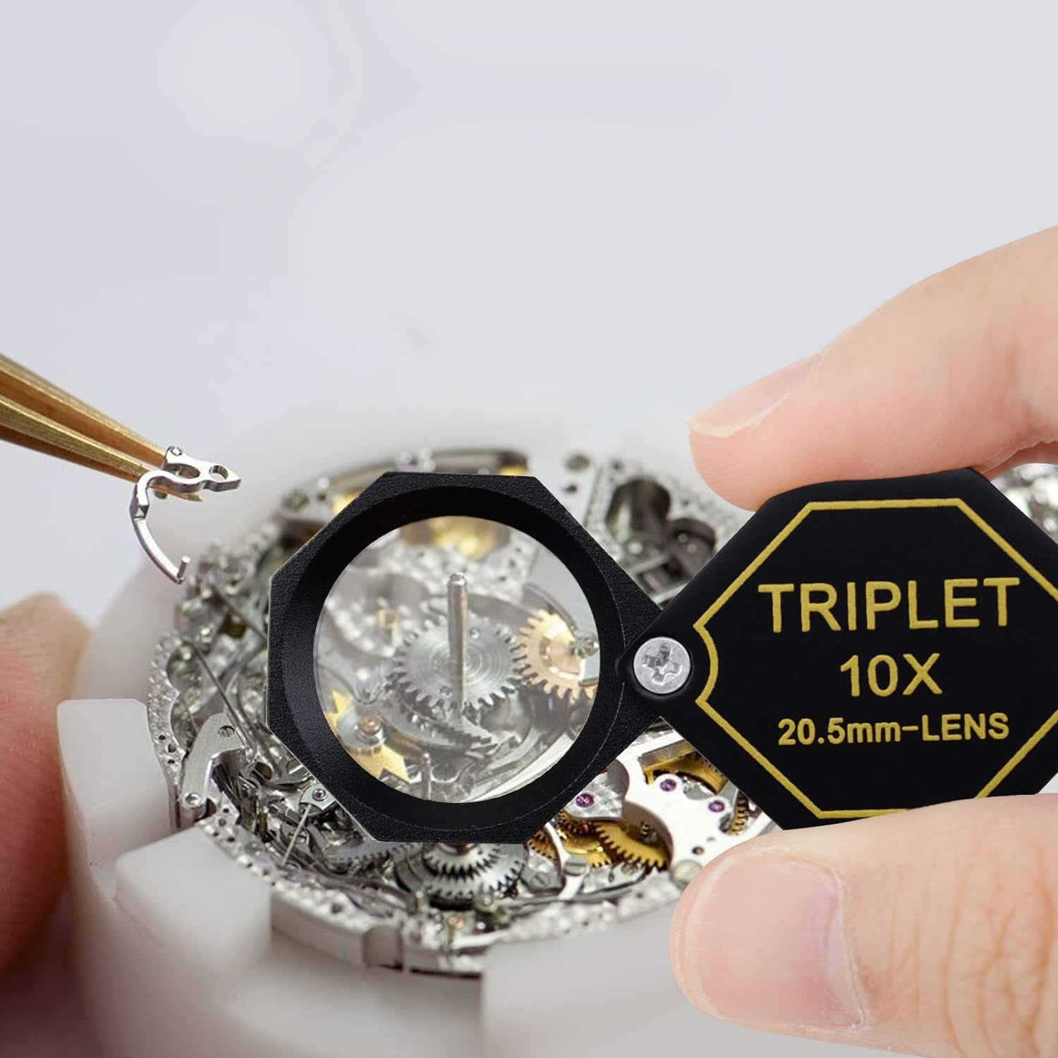 10X Magnifier Jewelry Loupe 20.5Mm Triplet Lens Optical Glass Pocket Gem Magnifying Tool for Jeweler, Stamp Philatelist, Coin Numismatic, Achromatic Black Hexagonal Design Kit Set